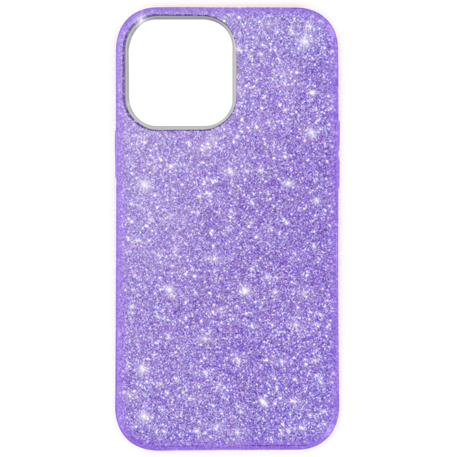 Una custodia per telefono viola lucida con un ritaglio per la fotocamera su sfondo bianco. La custodia è glitterata.