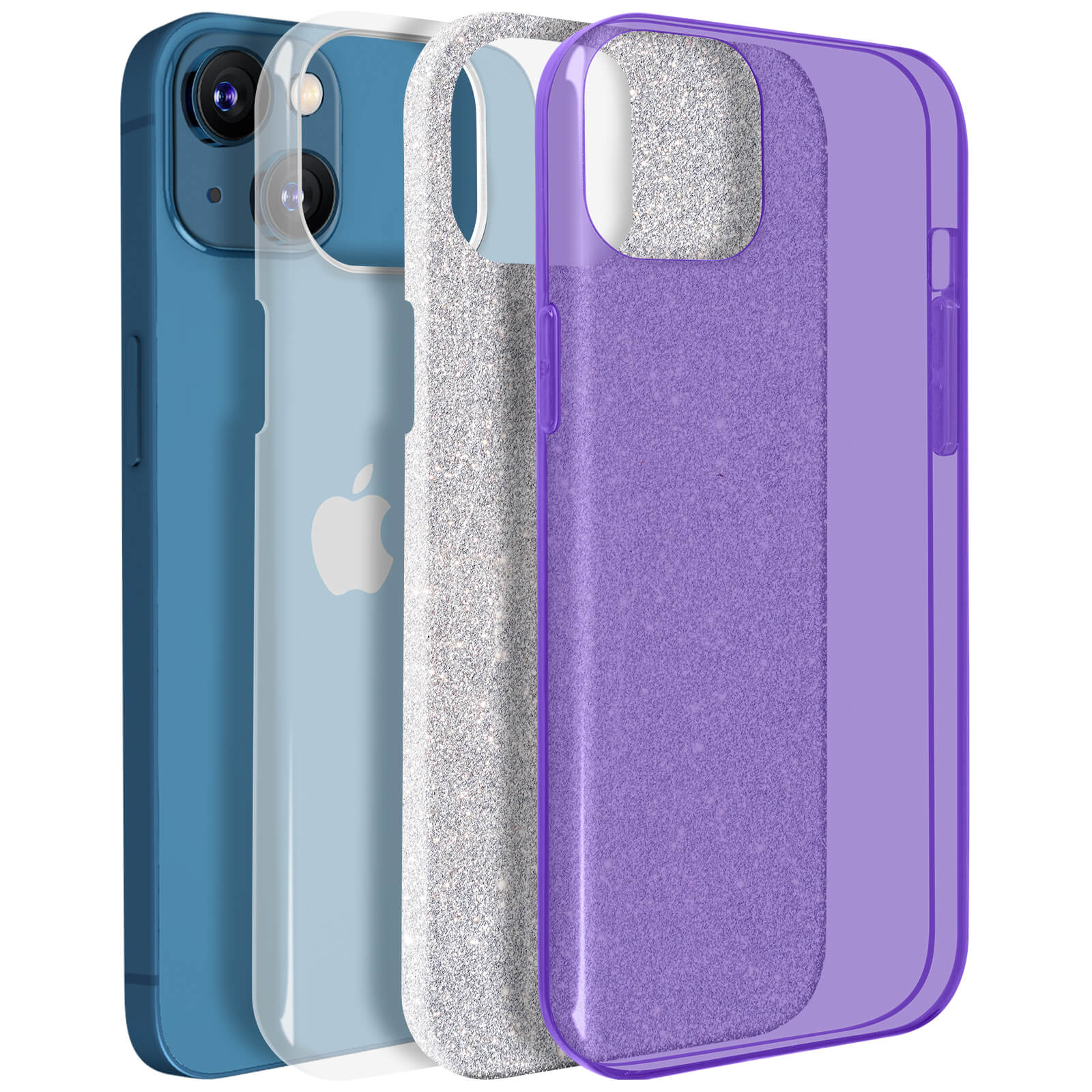 Quattro custodie per telefono di diversi colori, con un iPhone sullo sfondo.