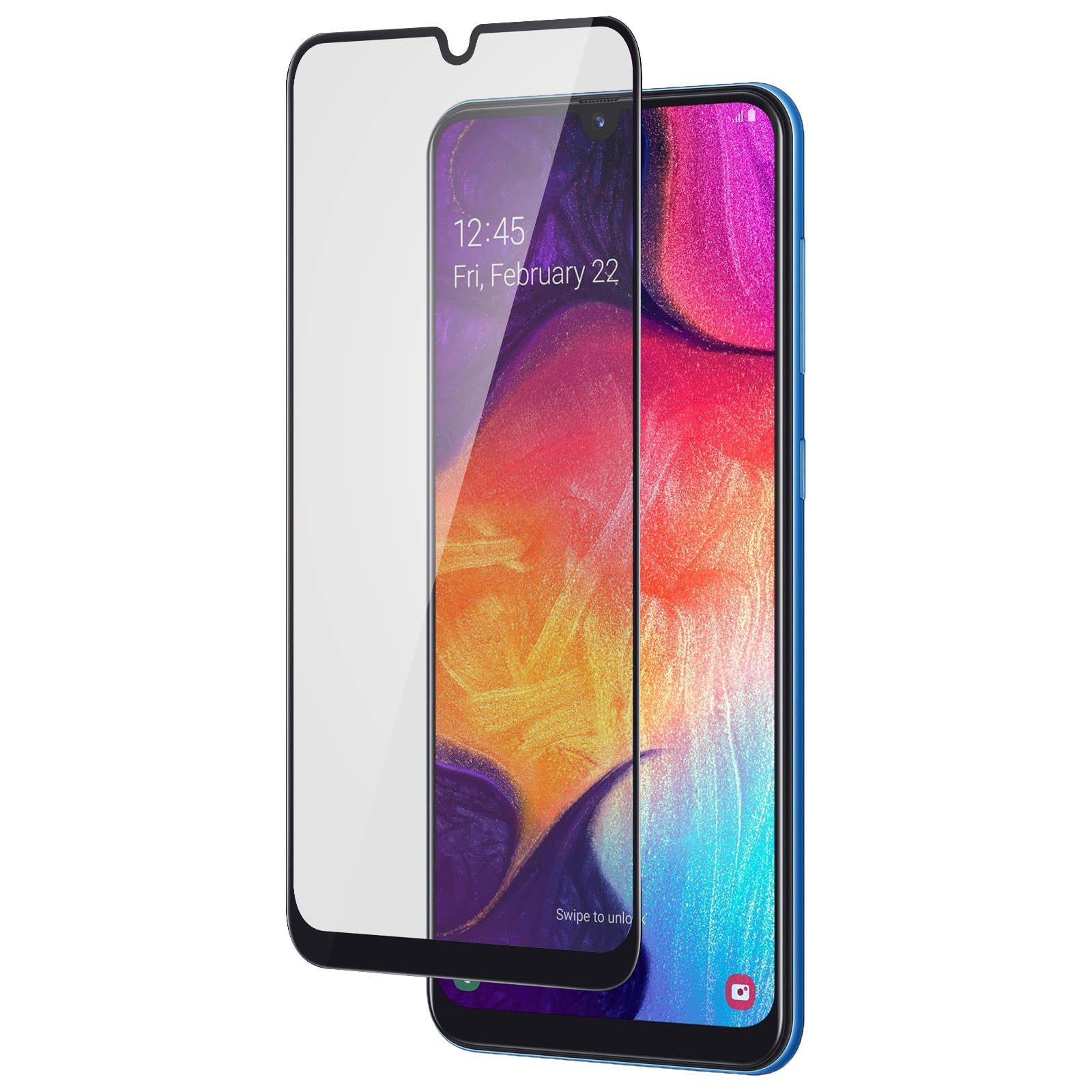 Smartphone con protezione schermo. Il telefono è blu e la protezione è trasparente. Lo sfondo è bianco.
