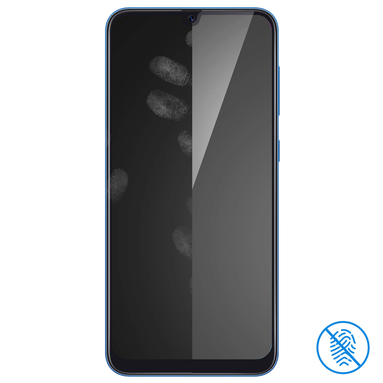 Schermo del telefono blu che mostra impronte digitali su metà. L'altra metà è pulita. Icona anti-impronte.