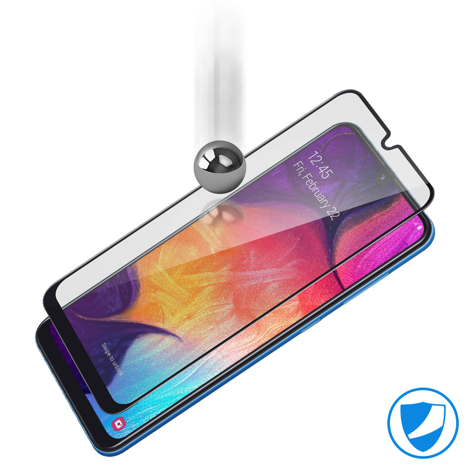 Smartphone con protezione schermo, palla che cade e icona scudo.