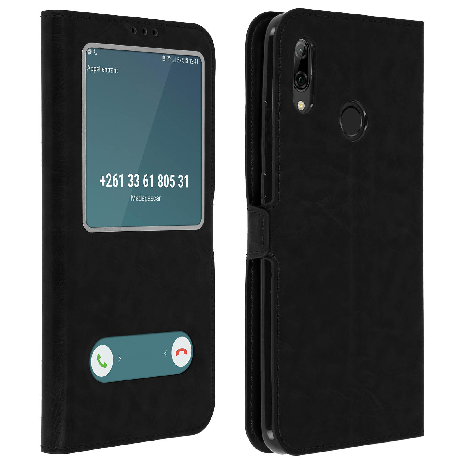 Una custodia per telefono nera, che mostra uno schermo del telefono con un'interfaccia di chiamata.