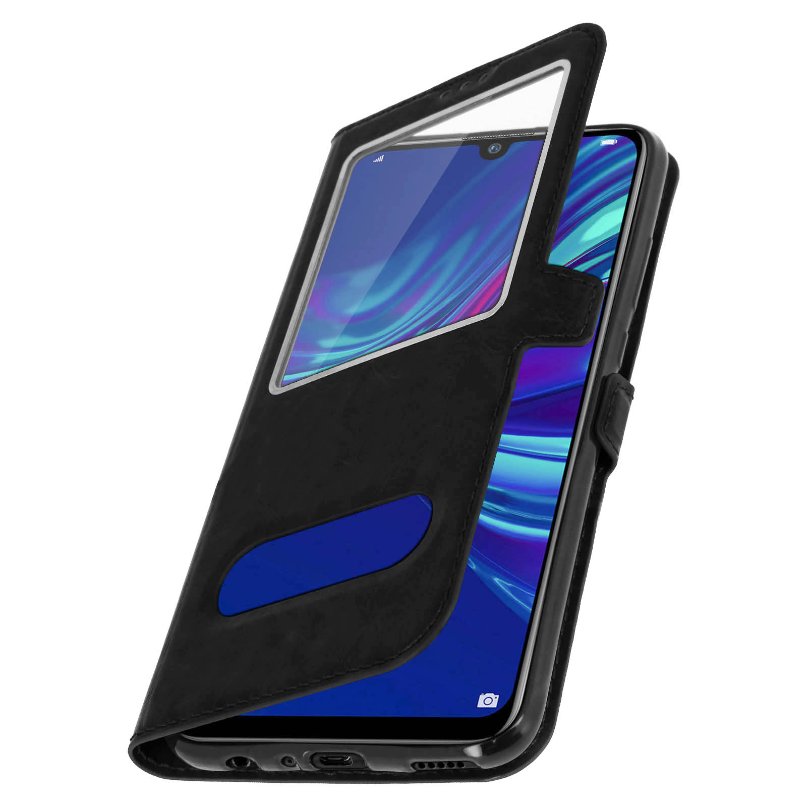 Custodia per telefono nera aperta, con schermo del telefono visibile. Finestra trasparente. Nero e blu.