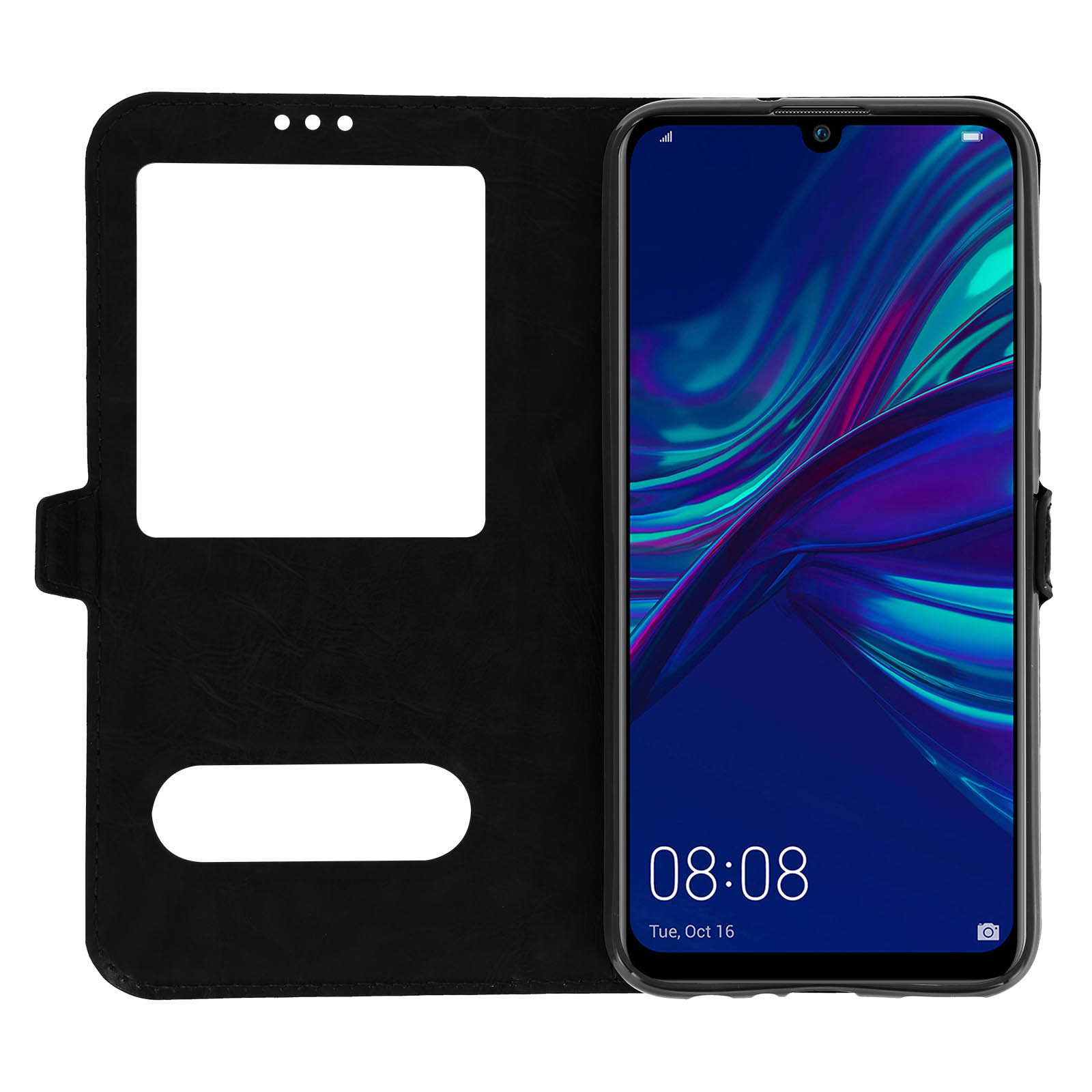 Telefono nero in una custodia, che mostra lo schermo. La custodia è aperta. Lo schermo mostra un'interfaccia.