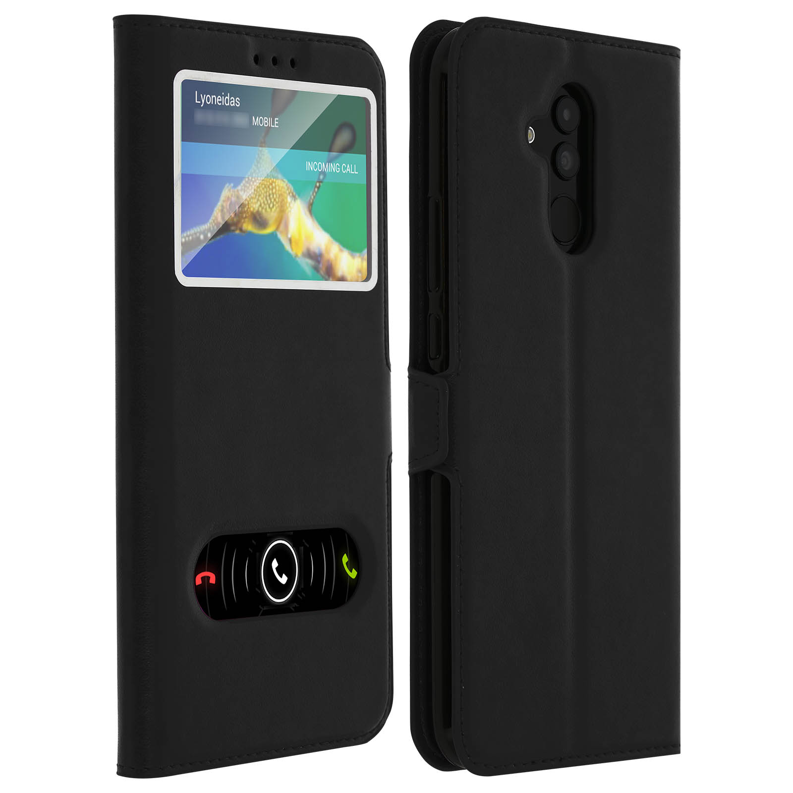 Custodia per telefono nera, aperta, con una finestra che mostra una schermata di chiamata. Viene visualizzato lo schermo del telefono.