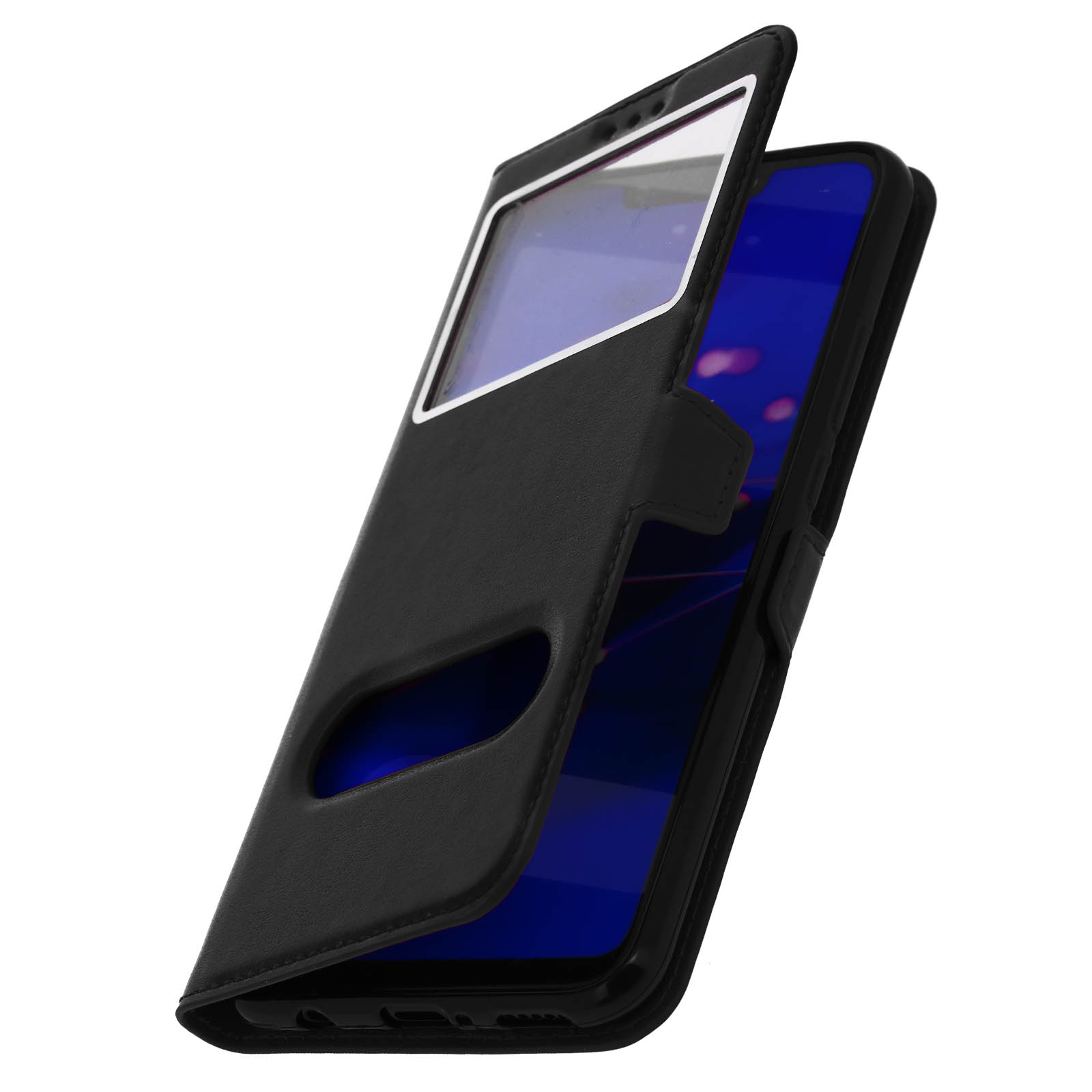 Custodia per telefono nera, aperta, che mostra lo schermo del telefono. Sfondo blu.
