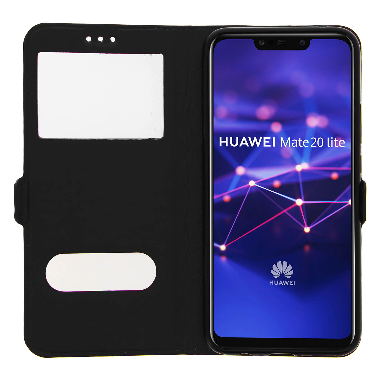 Custodia per telefono nera aperta. Il telefono mostra il logo Huawei. Il telefono è nella custodia.