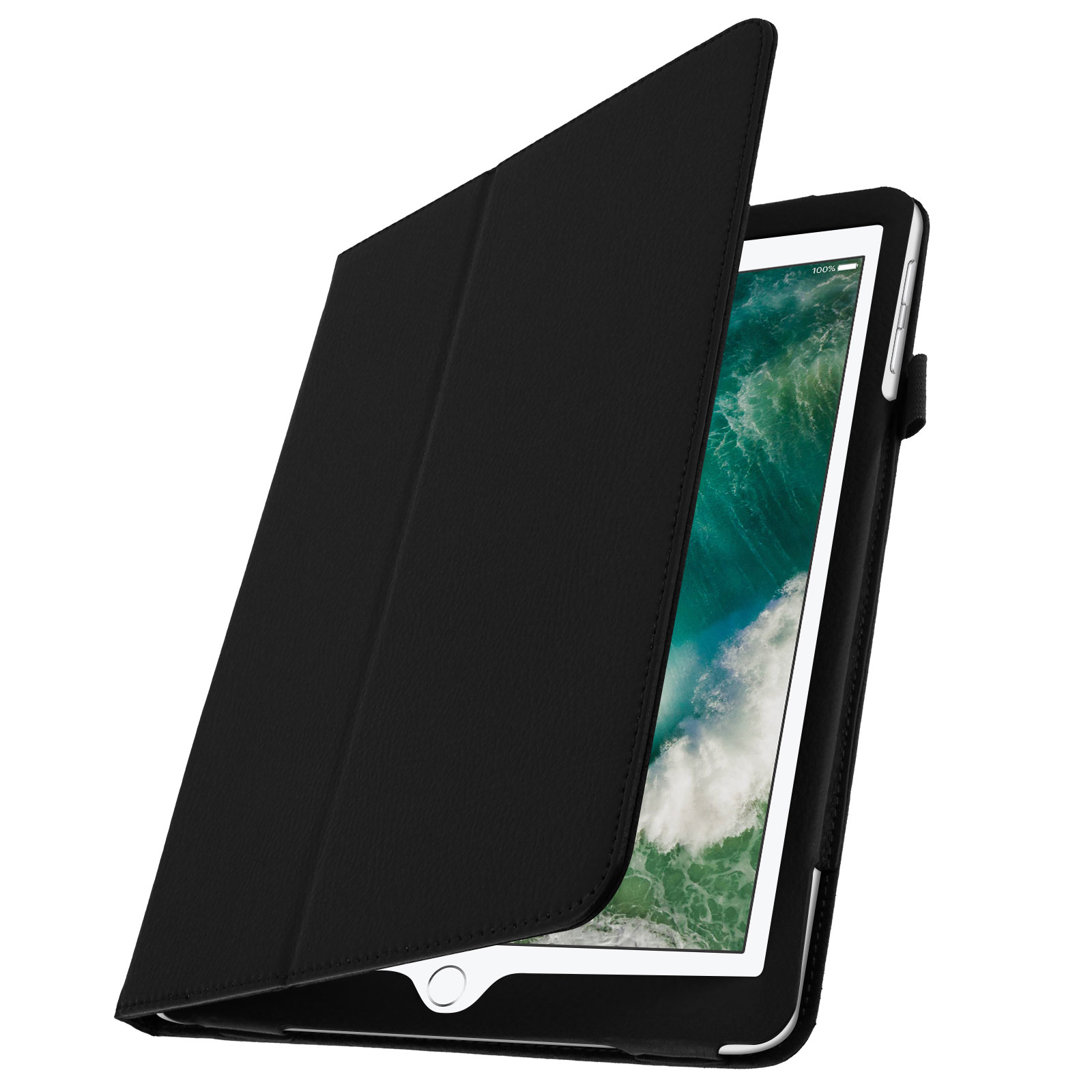 Custodia iPad nera aperta, mostra schermo tablet con immagine verde e bianca.