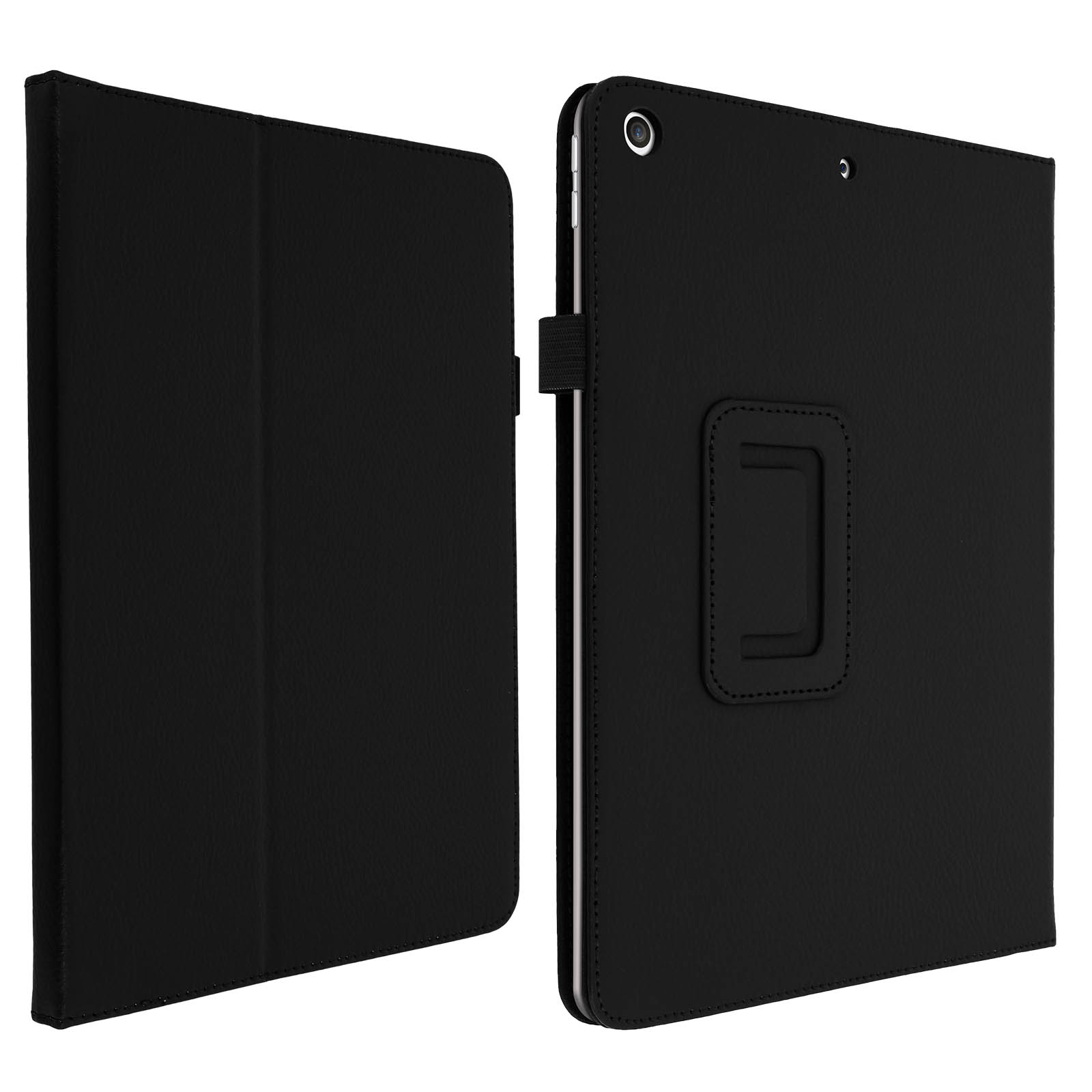 Una custodia per tablet in pelle nera, aperta a destra. Una cinghia con manico è visibile.