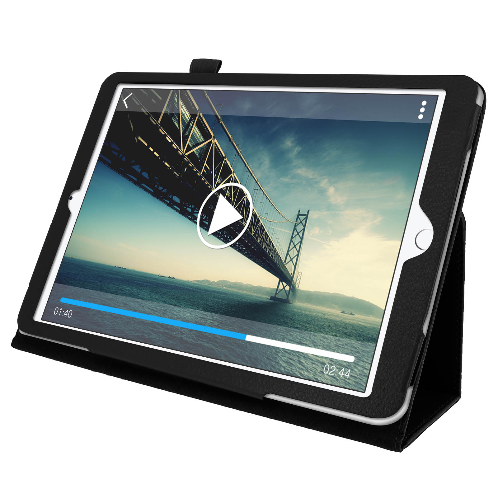 Tablet che riproduce un video di un ponte. Il tablet è in una custodia nera, su sfondo bianco.