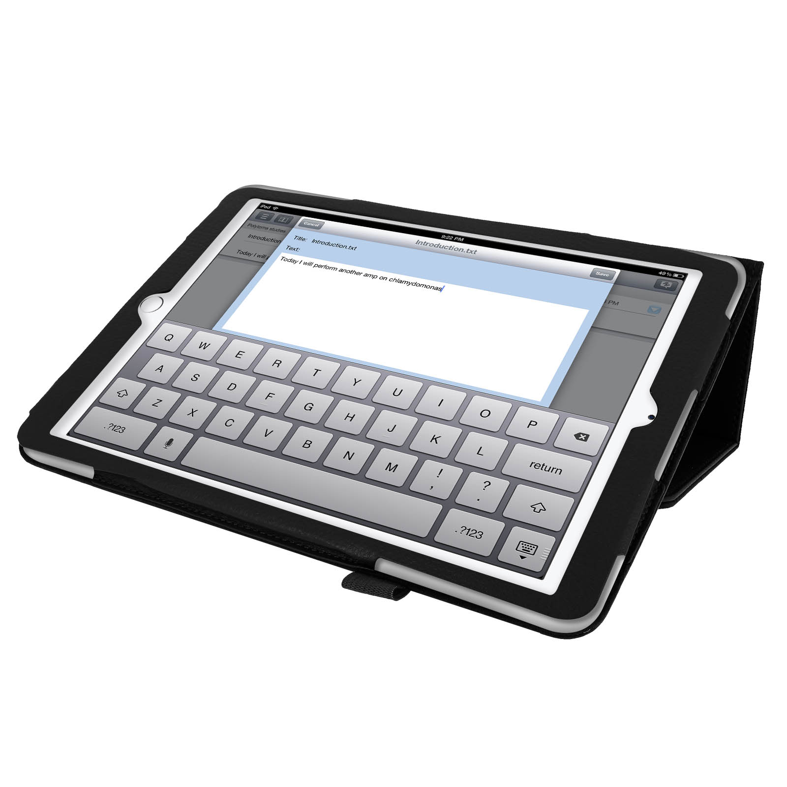 Un tablet in una custodia nera con tastiera è aperto. Un documento viene visualizzato sullo schermo.