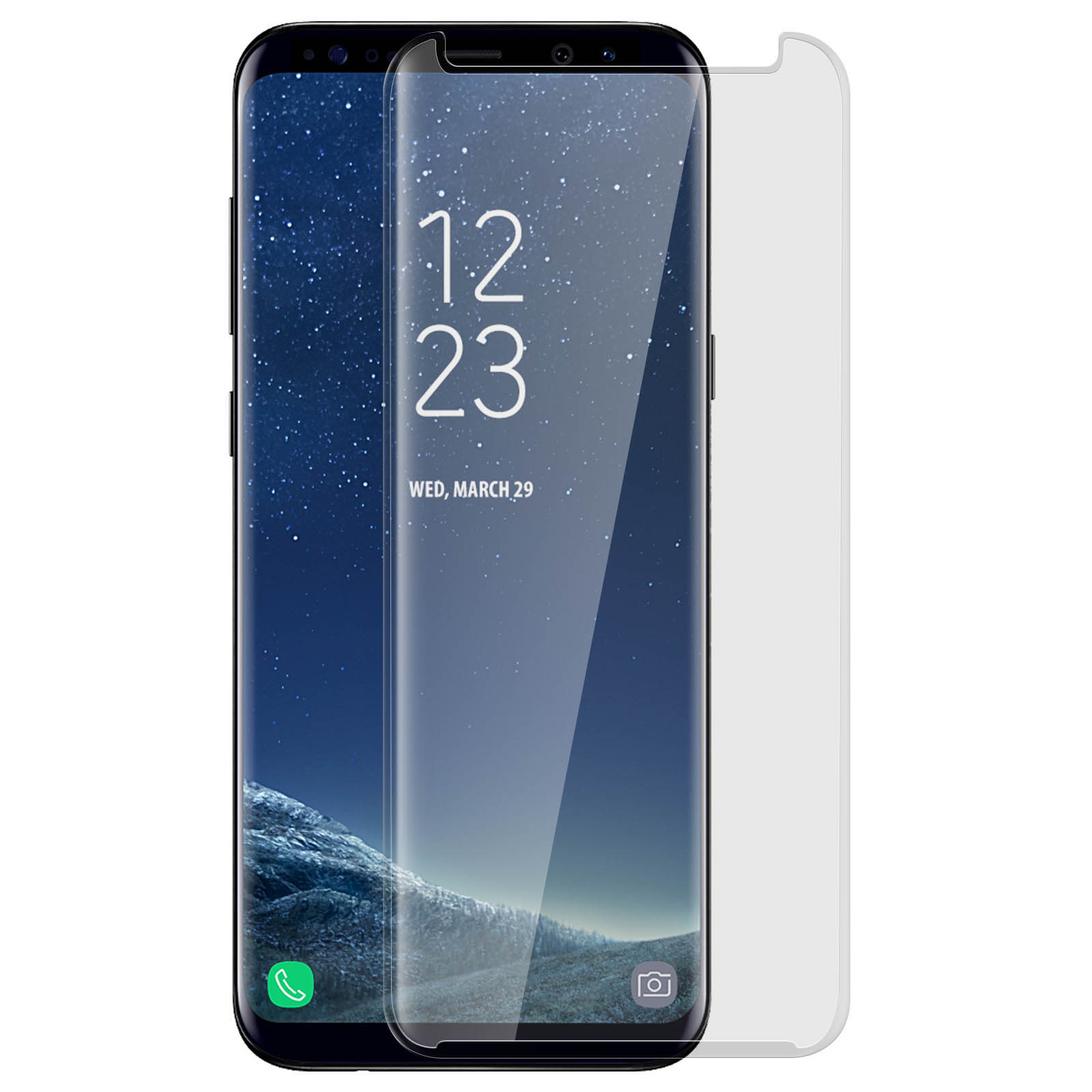 Teléfono con protector de pantalla aplicado. Muestra la hora y fecha.