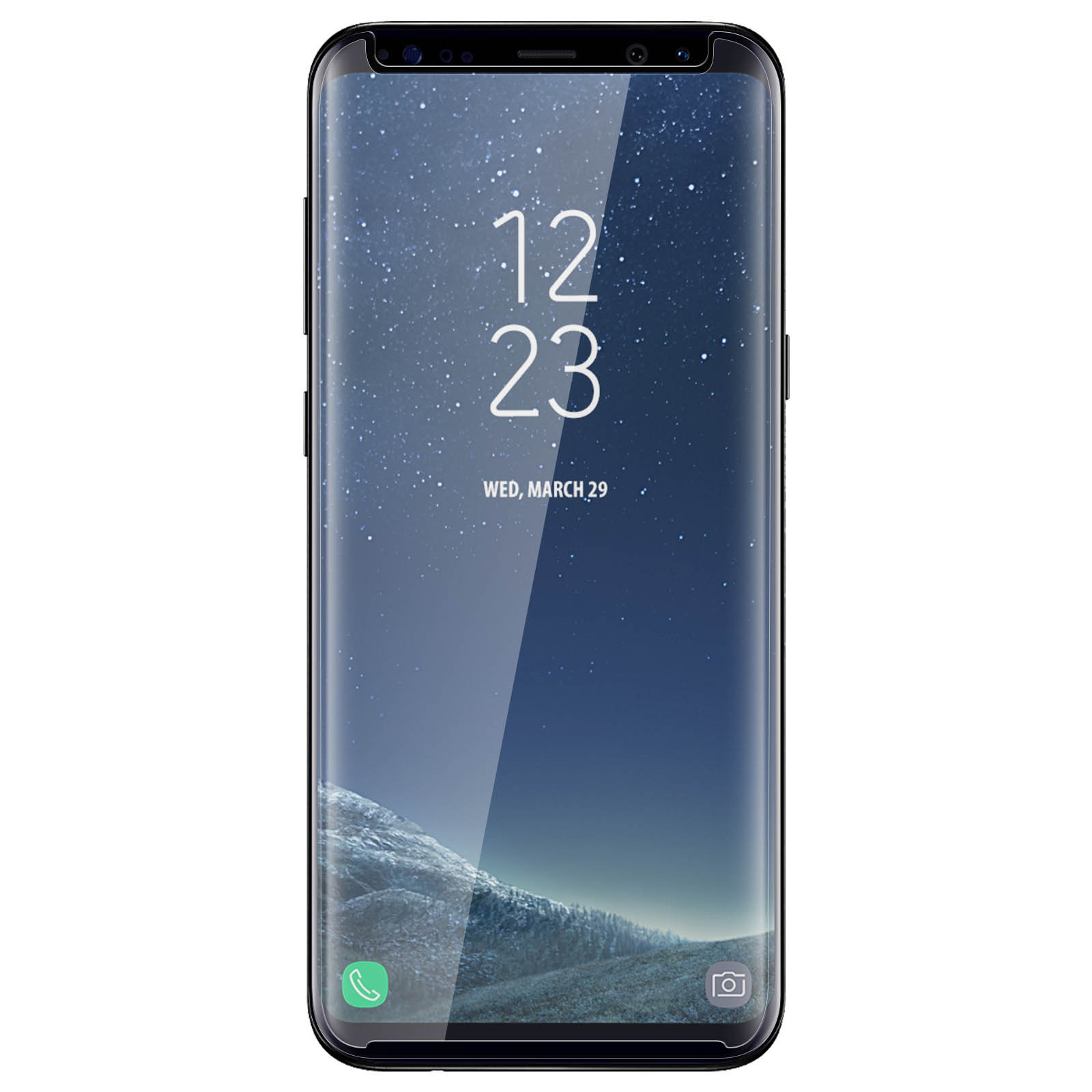 Smartphone mostrando la hora y fecha. Rodeado de un protector de pantalla.