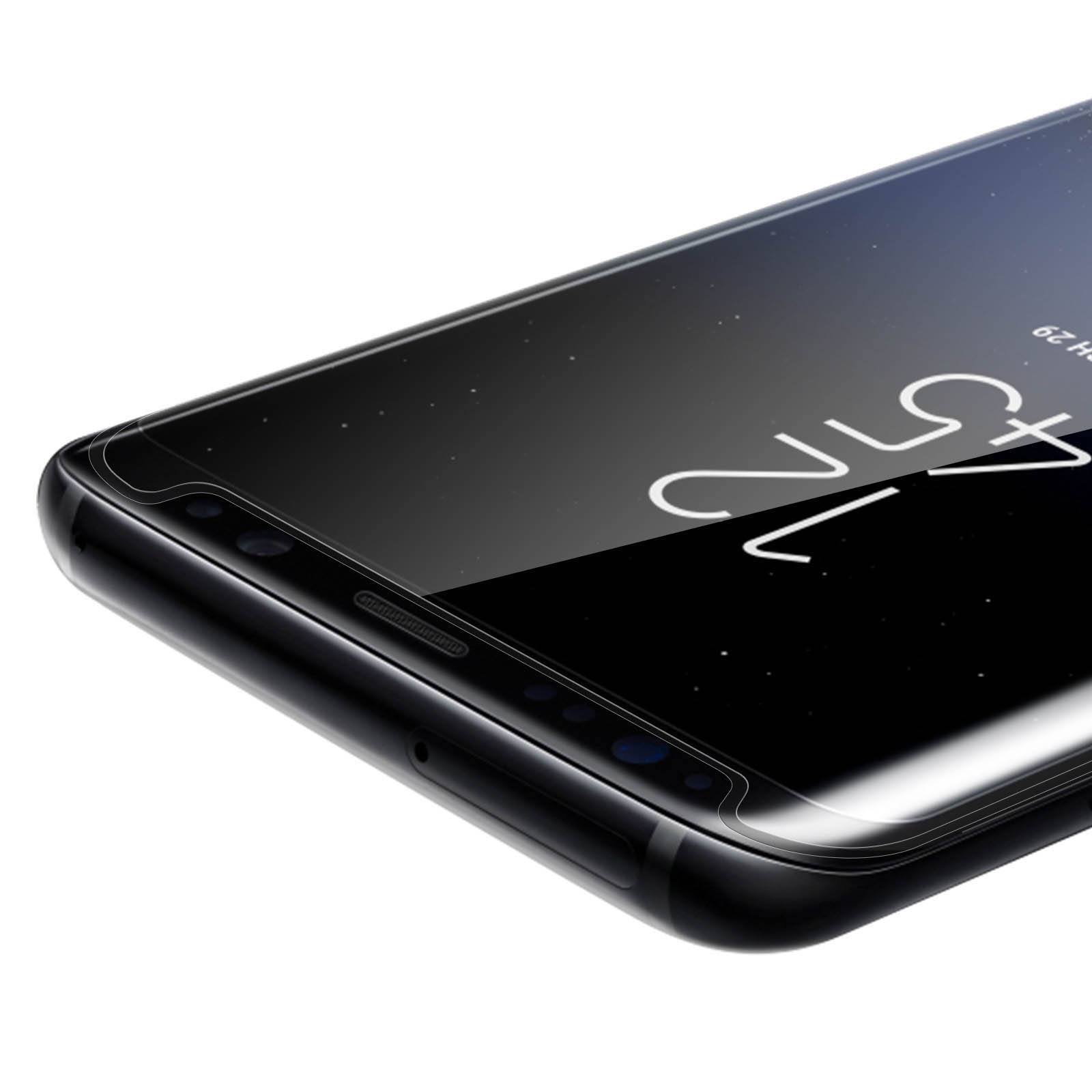 Primer plano de un protector de pantalla, teléfono negro, mostrando fecha y hora en pantalla.