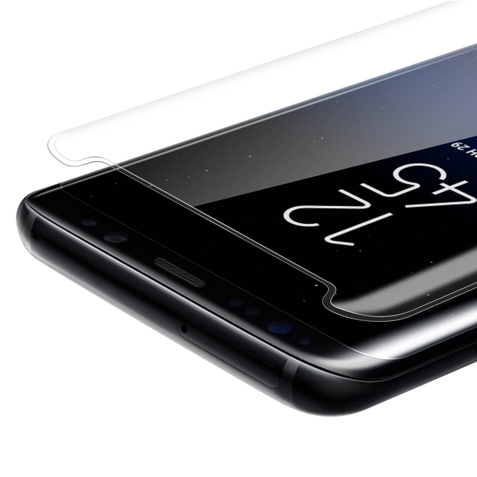 Protector de pantalla con un teléfono. El teléfono tiene un 725 blanco con un borde negro.
