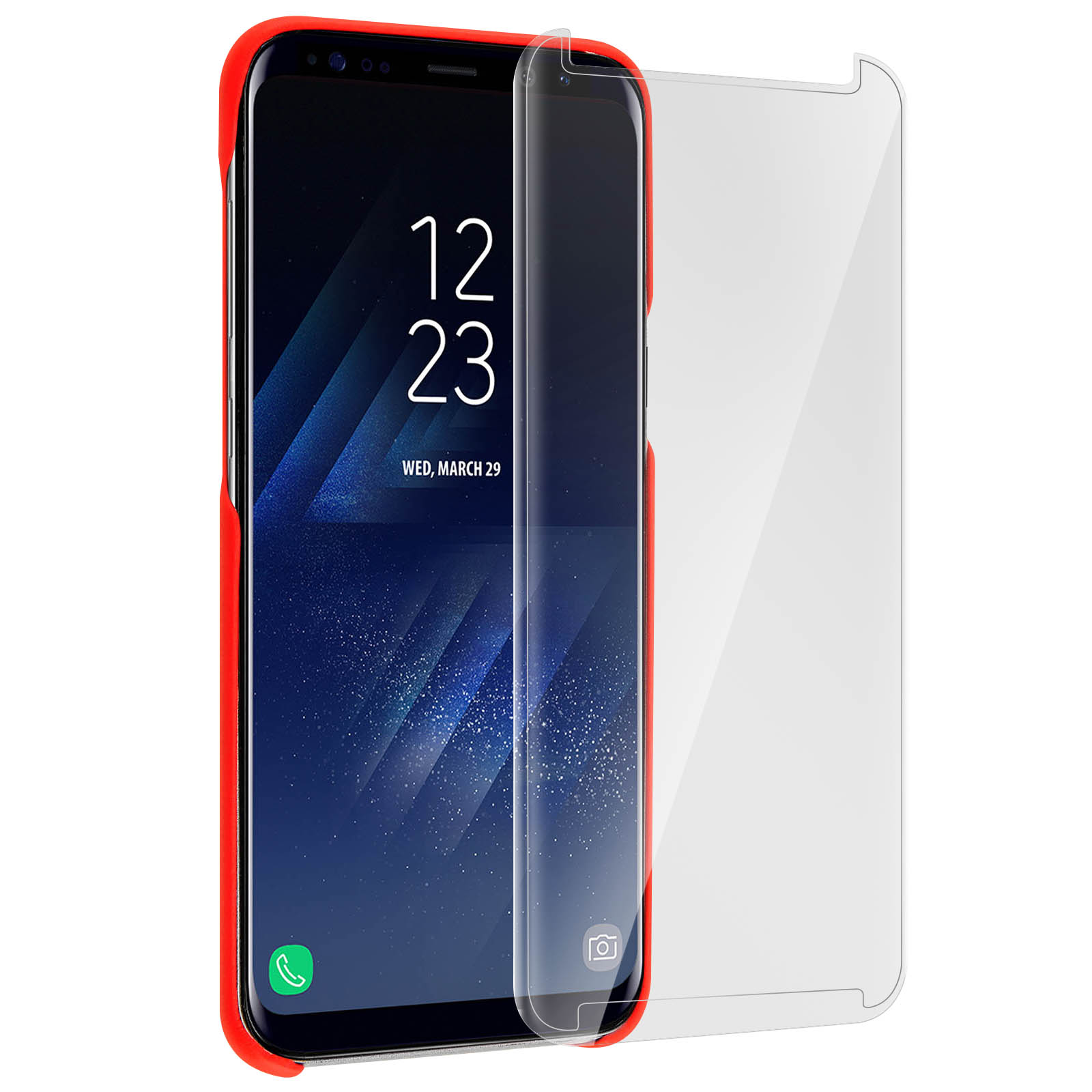 Una funda de teléfono roja, con un protector de pantalla. La pantalla muestra la fecha y la hora. Fondo blanco.