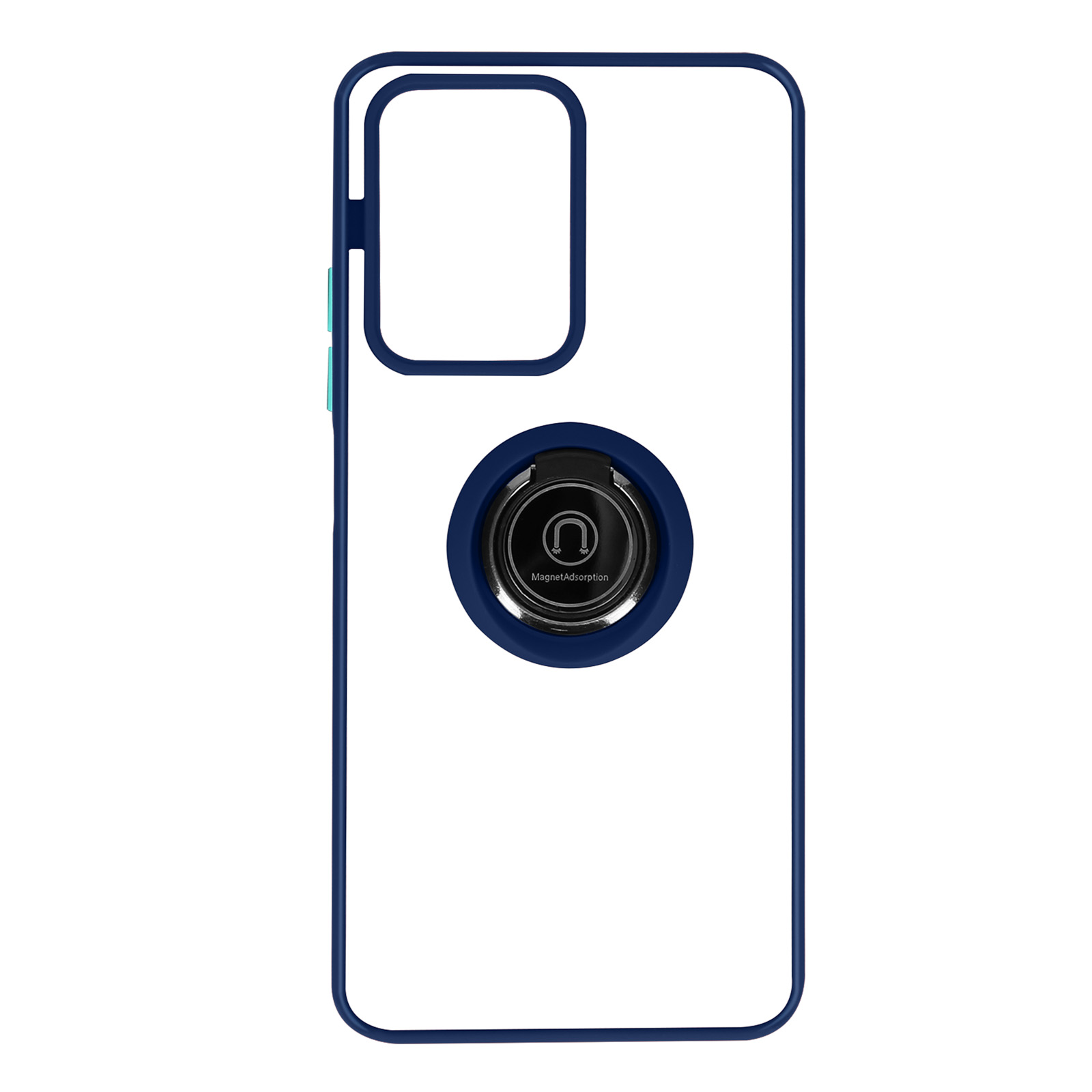 Custodia trasparente con bordo blu e supporto ad anello magnetico.