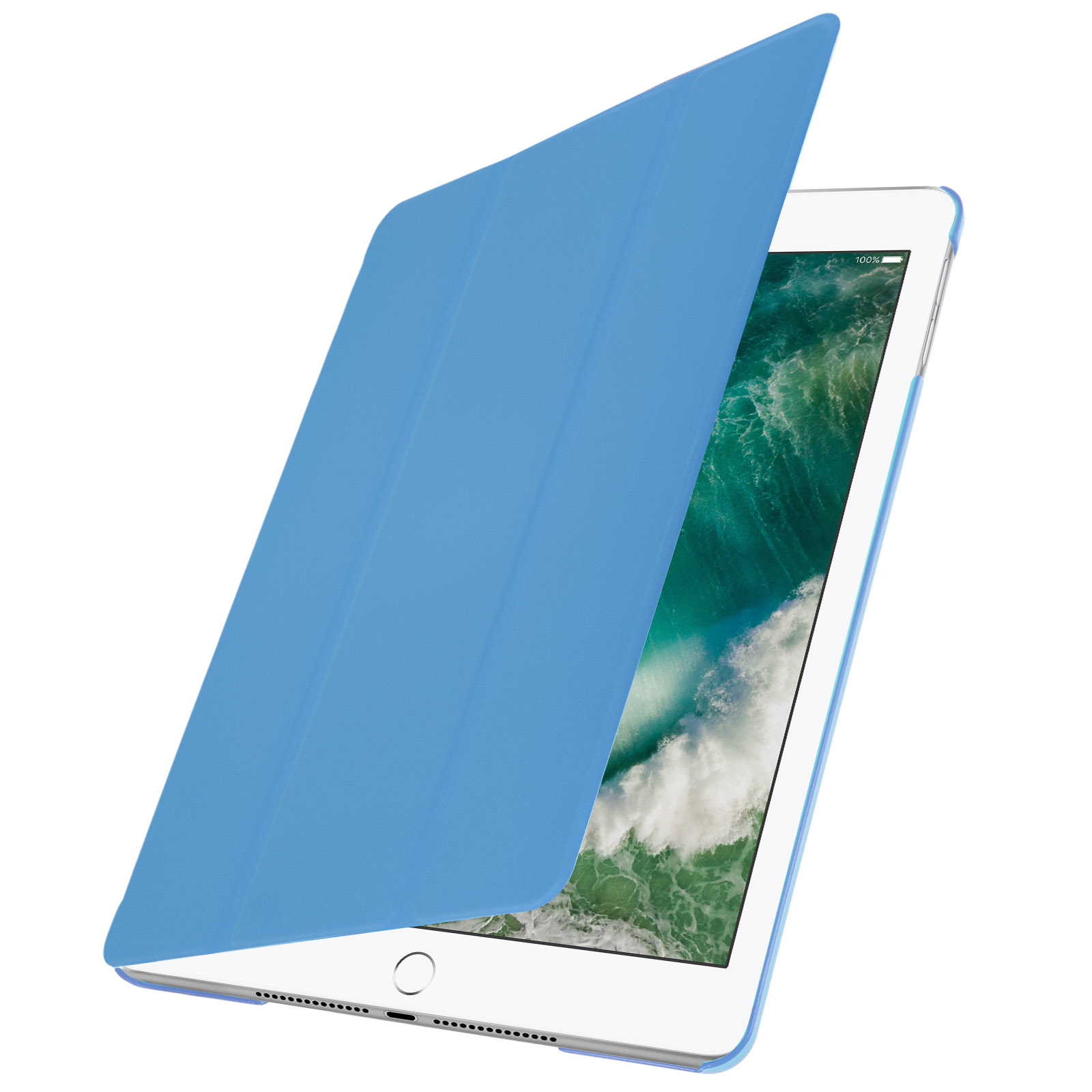 Cover per iPad azzurro, aperta. Mostra lo schermo dell'iPad.