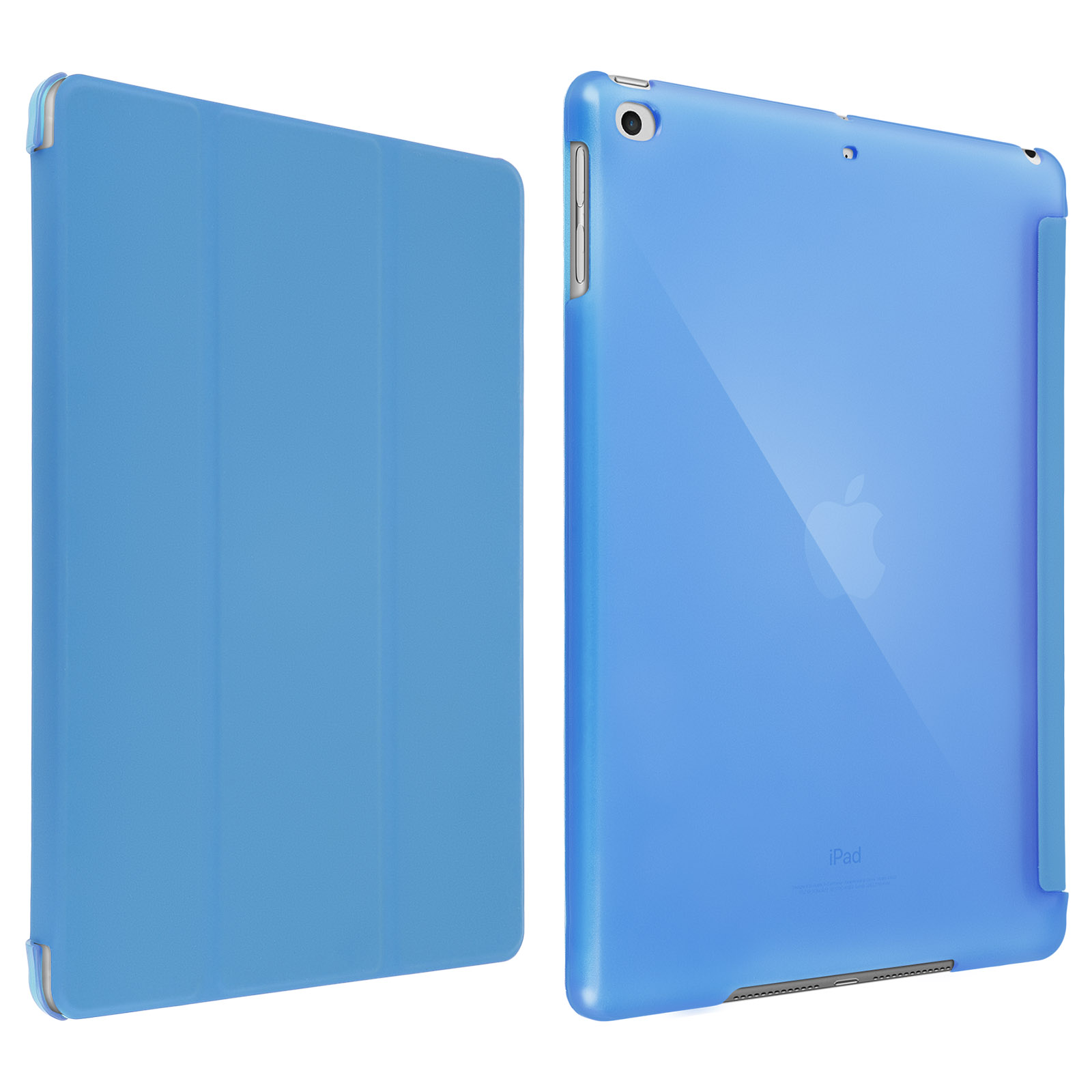 Custodia per tablet blu, aperta. Mostra il tablet all'interno. Colore azzurro.