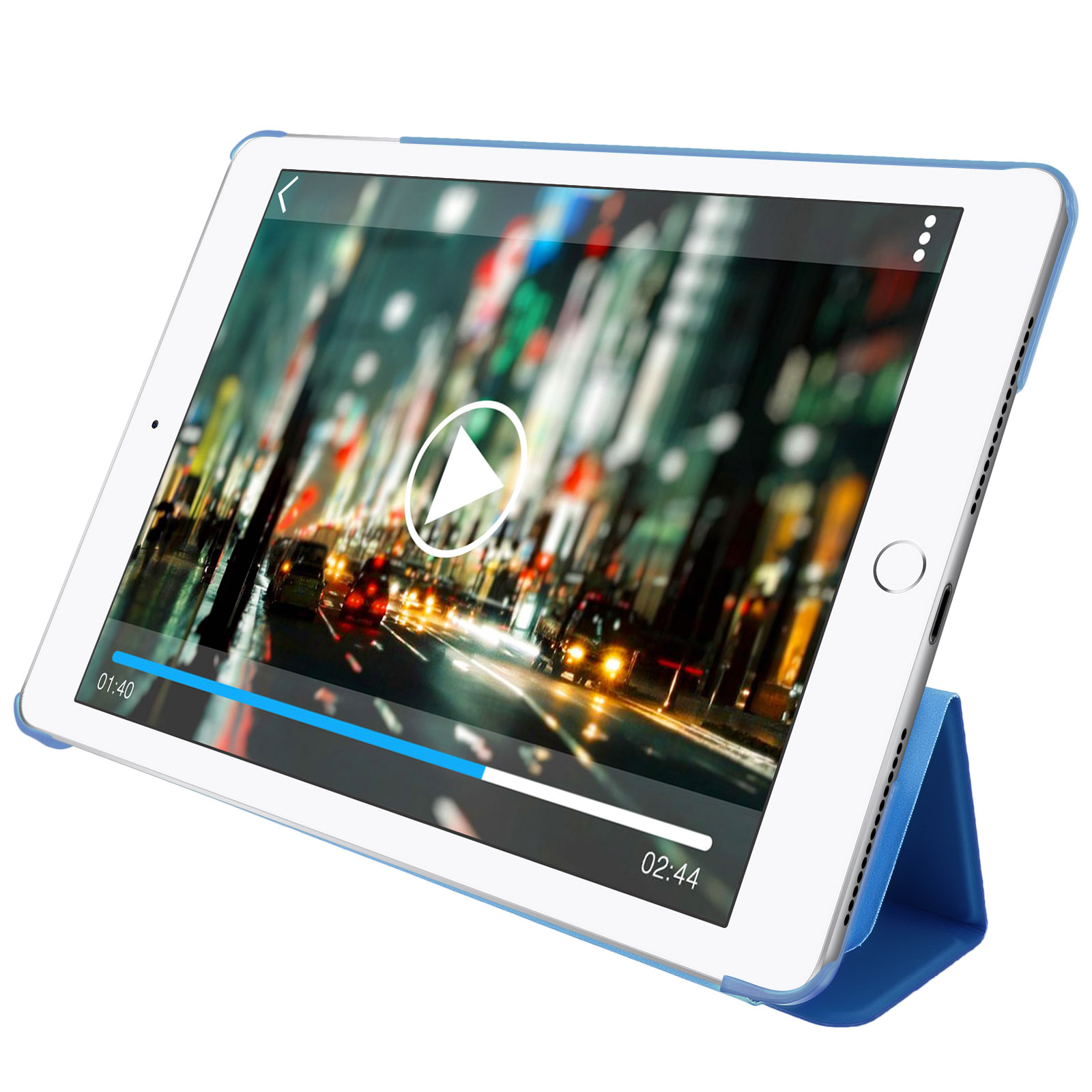 Tablet che mostra un video. Il tablet è in una custodia blu, che mostra una scena urbana.