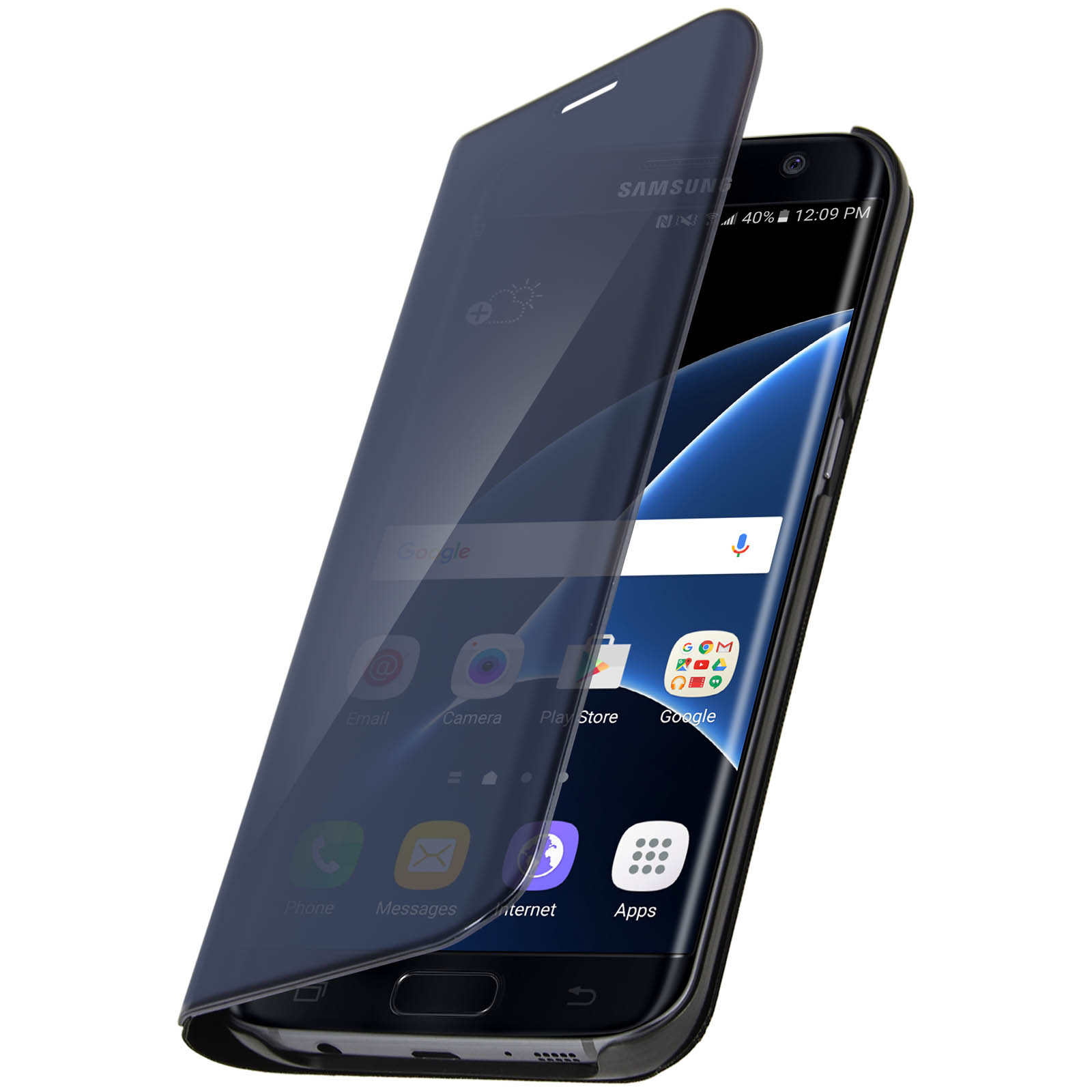 Telefono con cover aperta, che mostra lo schermo. Icone delle app visibili. Lo sfondo è bianco. Il telefono è nero.