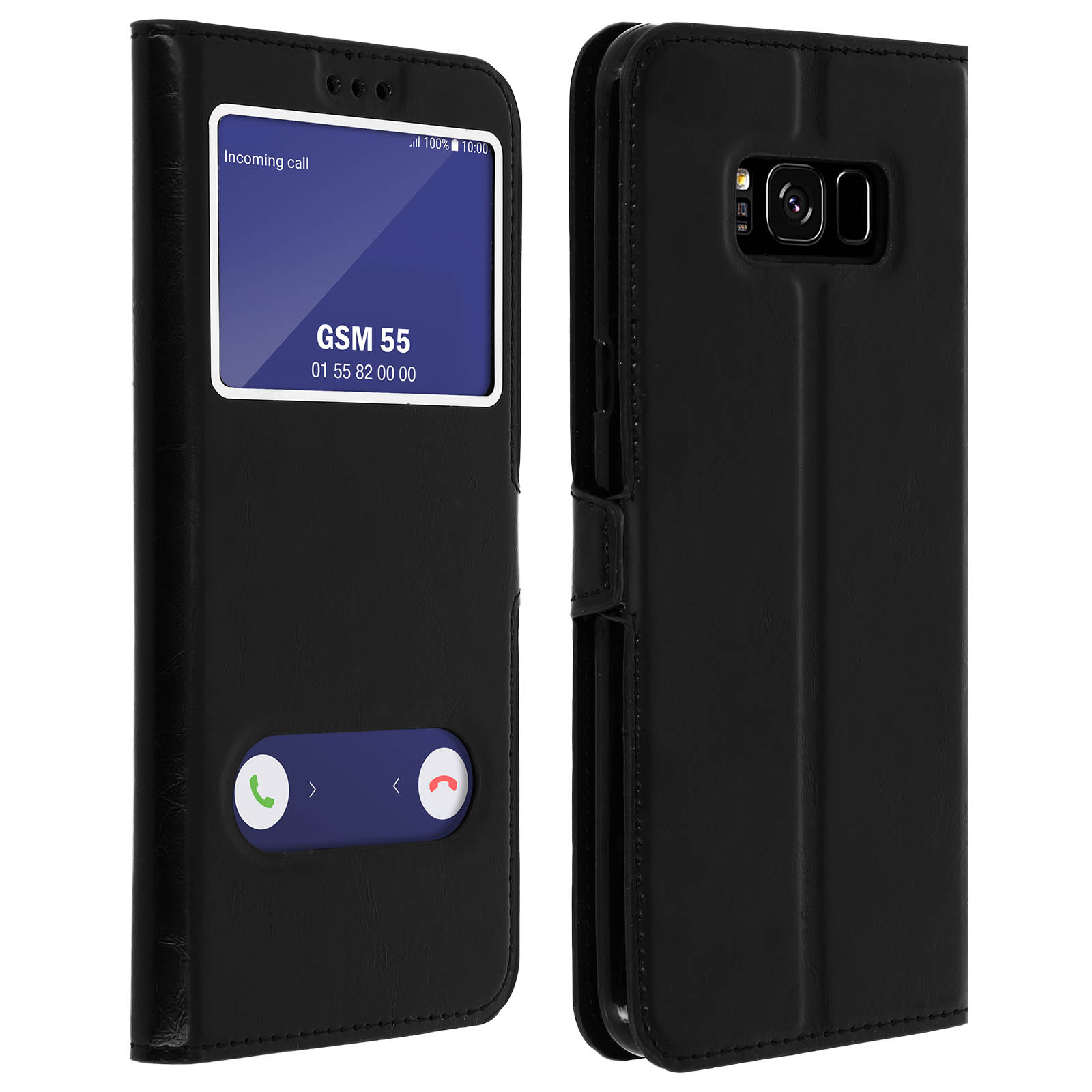 Custodia per telefono nera che mostra lo schermo del telefono con un'interfaccia di chiamata in arrivo.