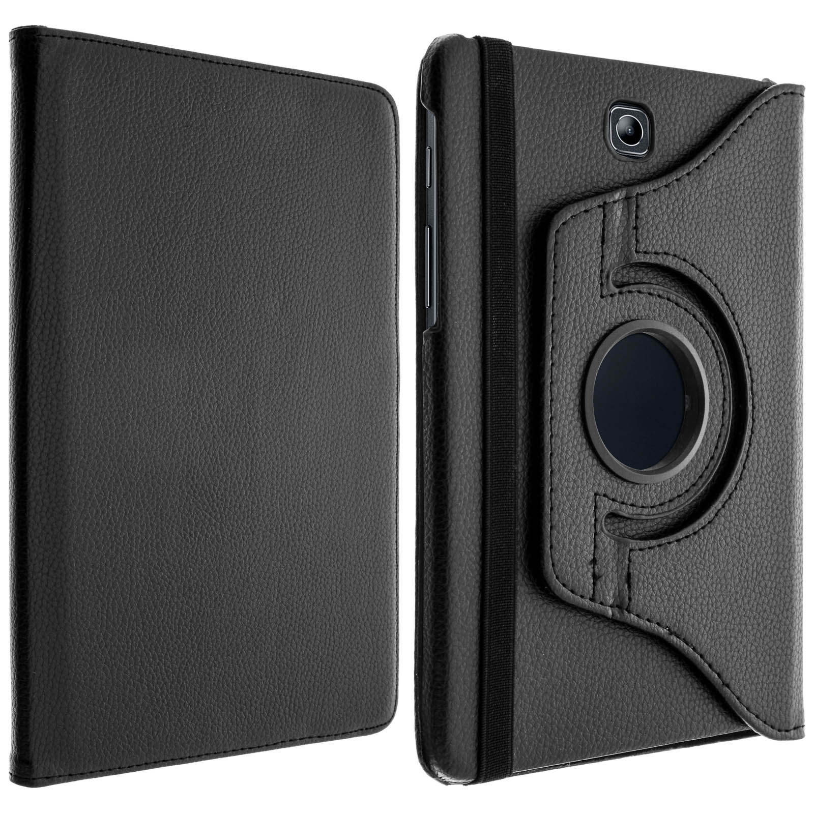 Custodia per tablet nera aperta. Mostra il tablet all'interno. La custodia ruota.