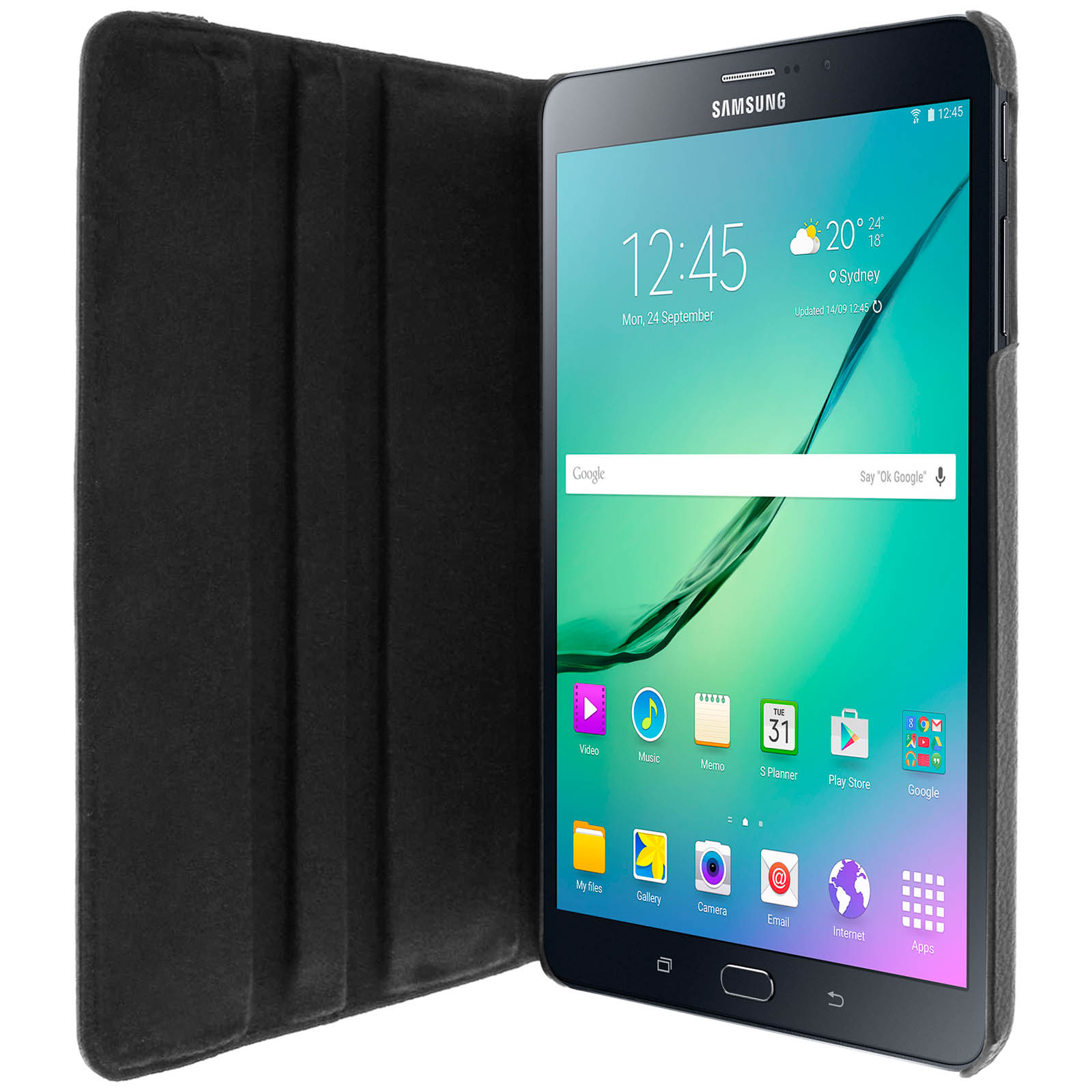 Un tablet nero con lo schermo che mostra un'interfaccia telefonica. Il tablet è aperto.