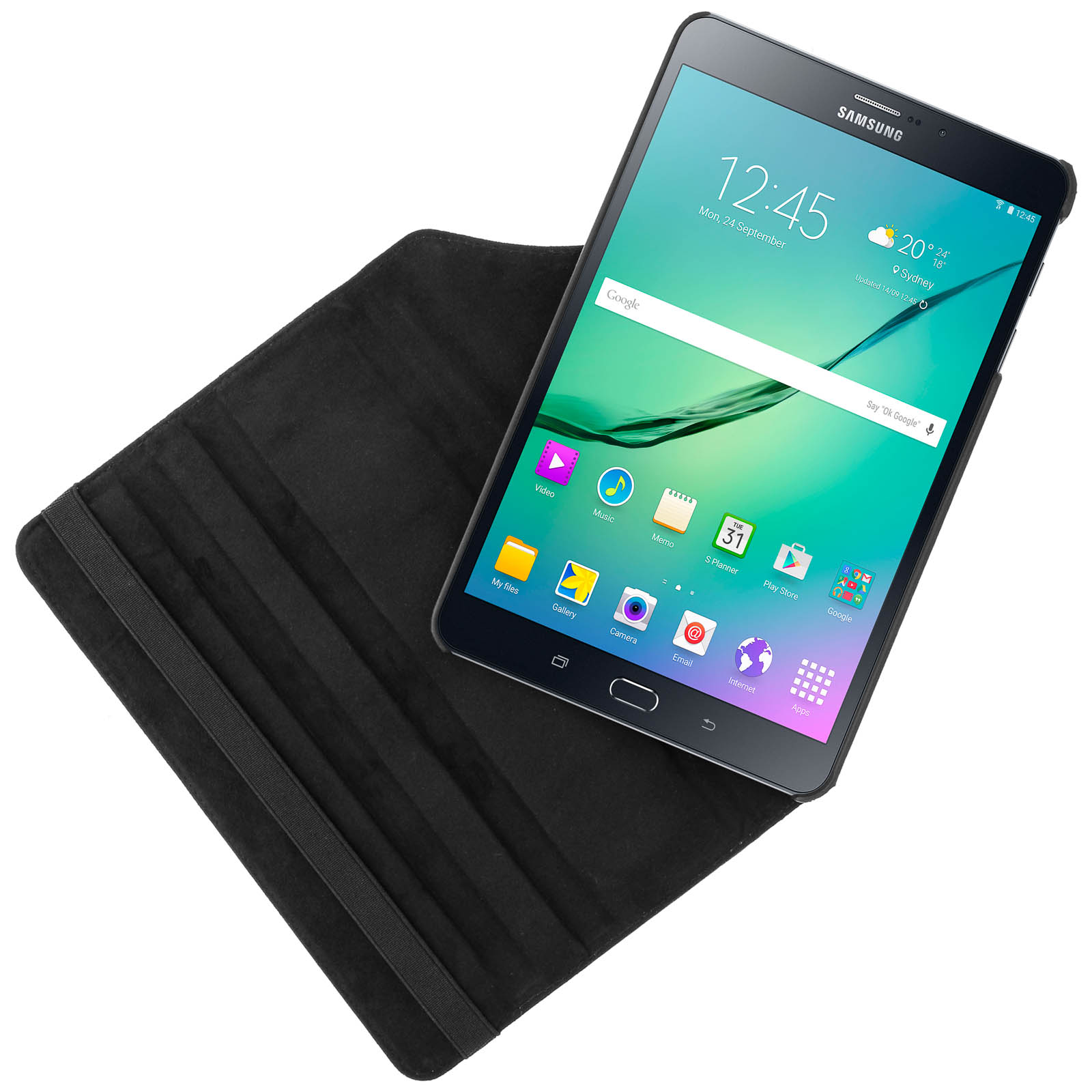 Tablet nero in una custodia nera aperto su una superficie bianca. Lo schermo mostra icone e l'ora.
