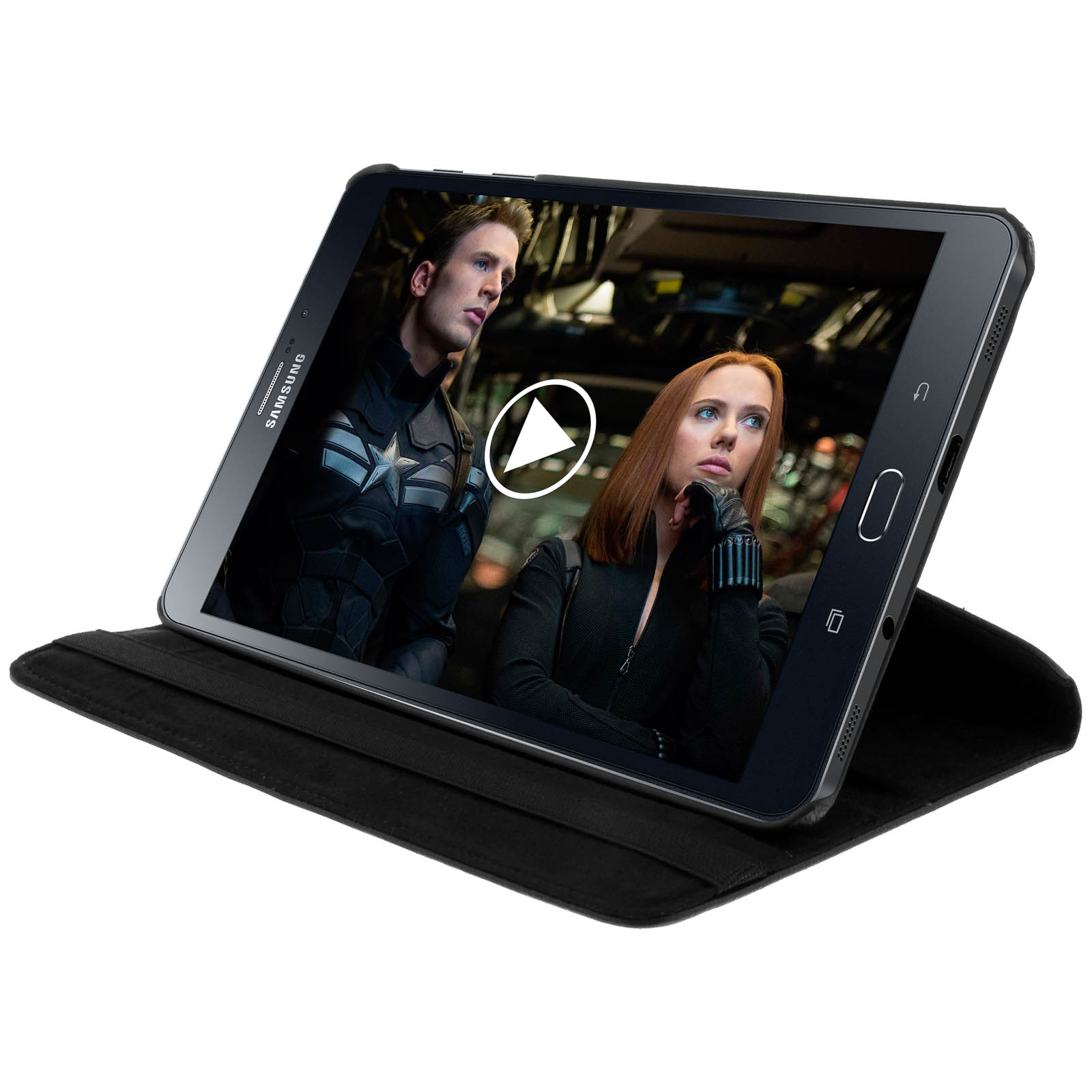 Tablet nero in custodia, riproduce video di Captain America e Vedova Nera.