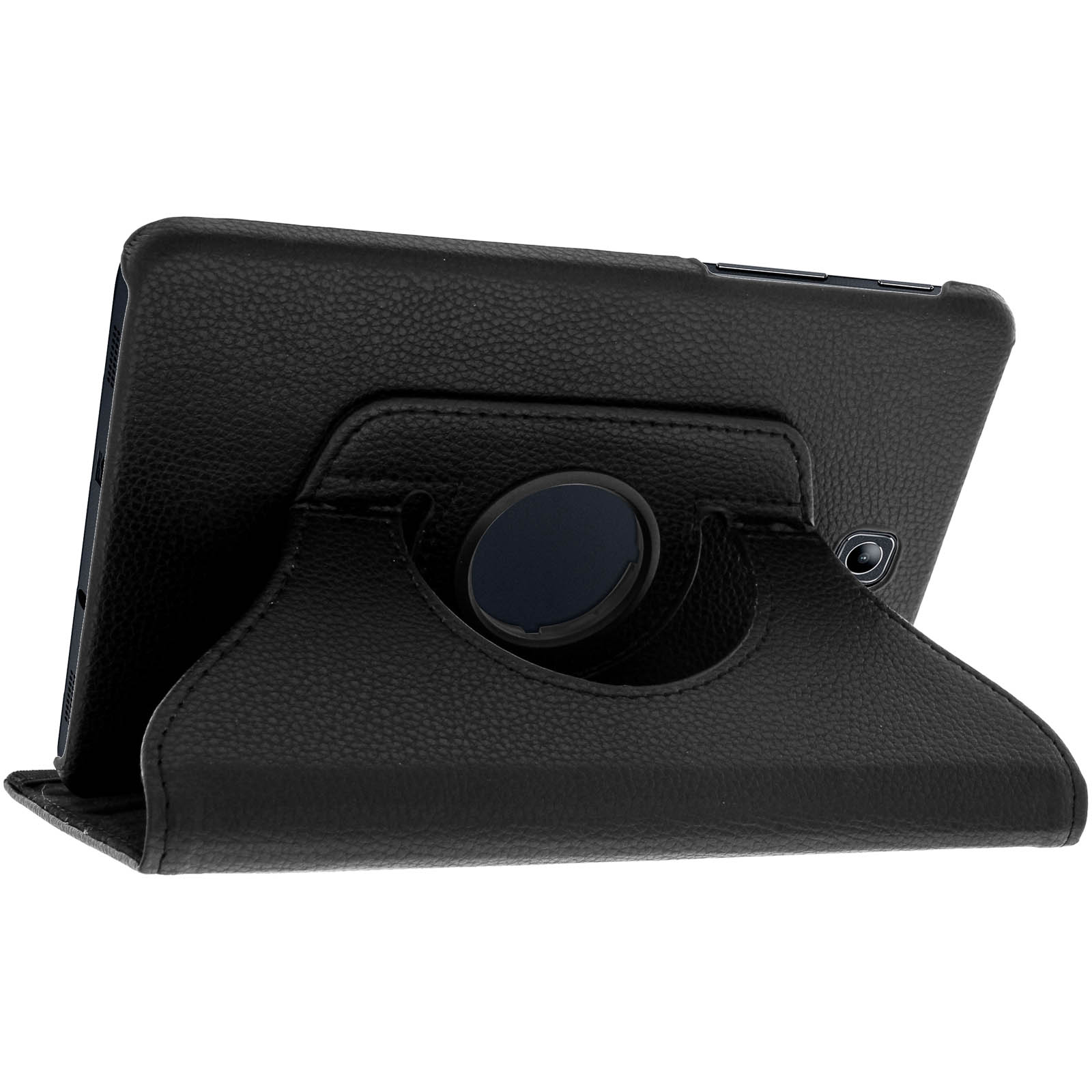 Custodia per tablet nera con supporto. Custodia con meccanismo rotante. Tablet parzialmente inserito.