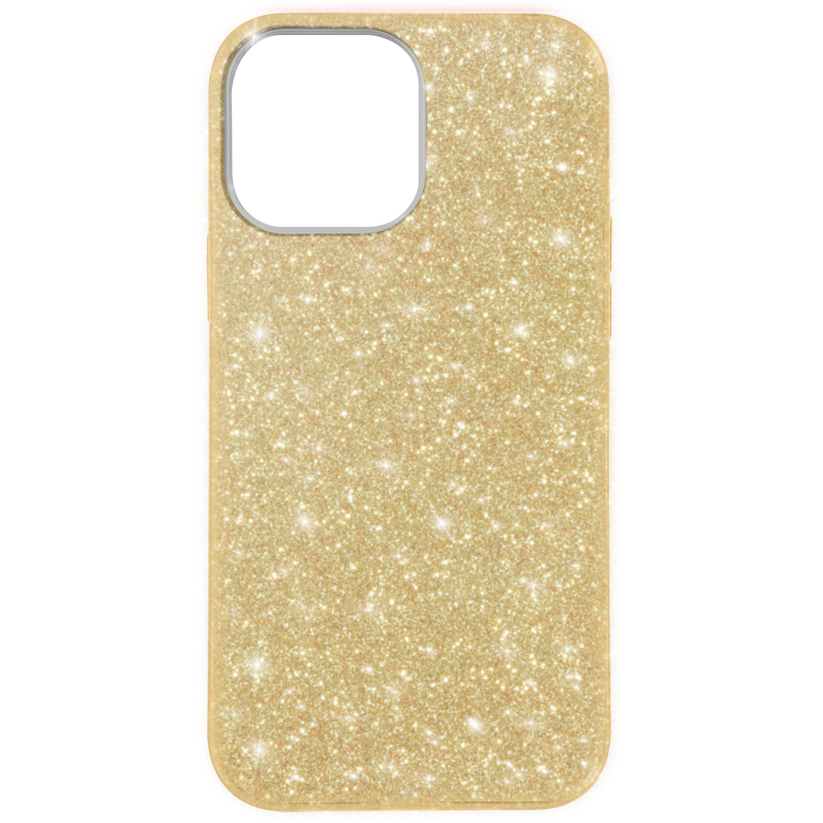 Una custodia per telefono dorata con un ritaglio per la fotocamera su sfondo bianco. La custodia è glitterata.