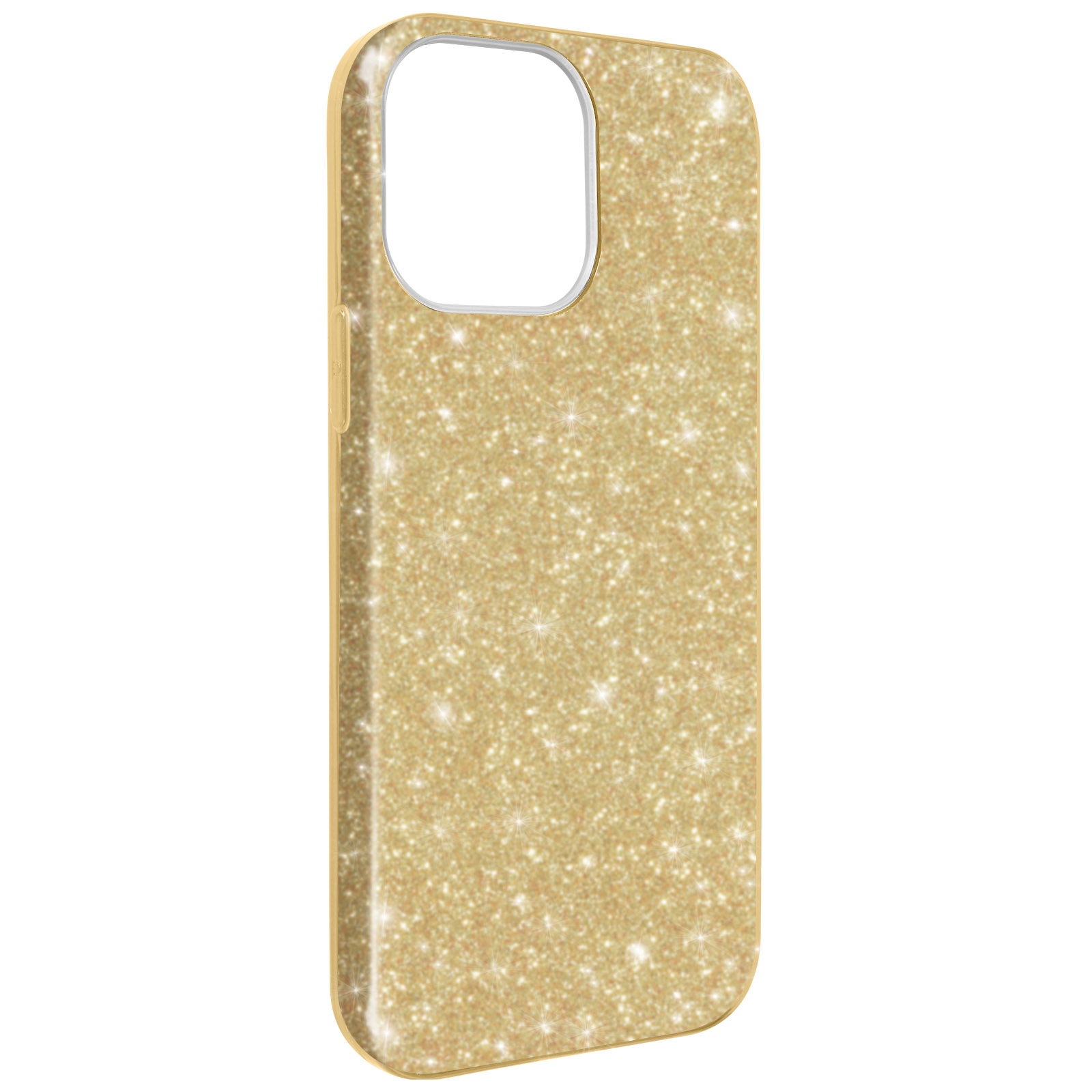 Custodia per telefono con glitter dorati, primo piano. Sfondo bianco. La custodia è per un iPhone.