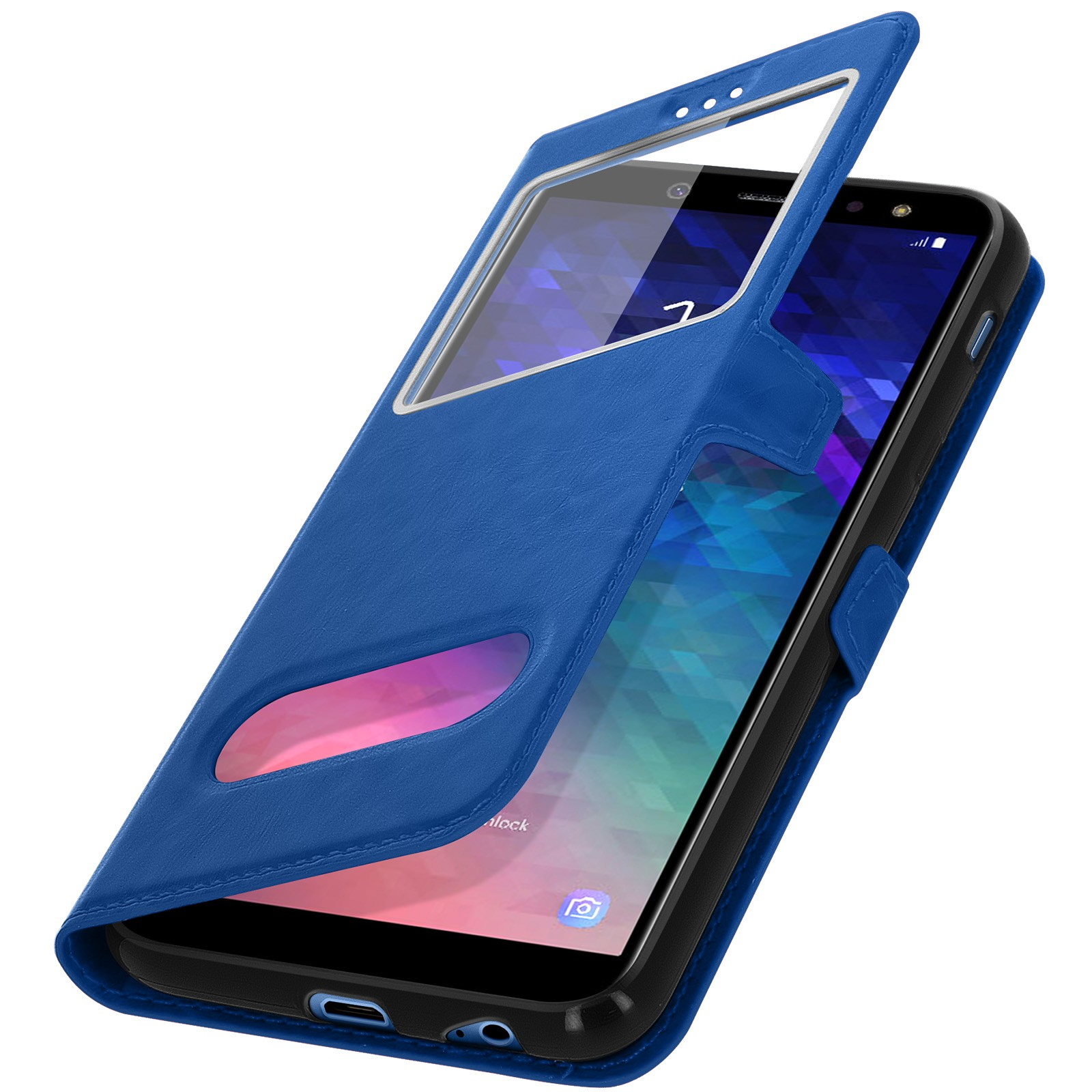 Una custodia blu per telefono con finestra trasparente, che copre un telefono nero.