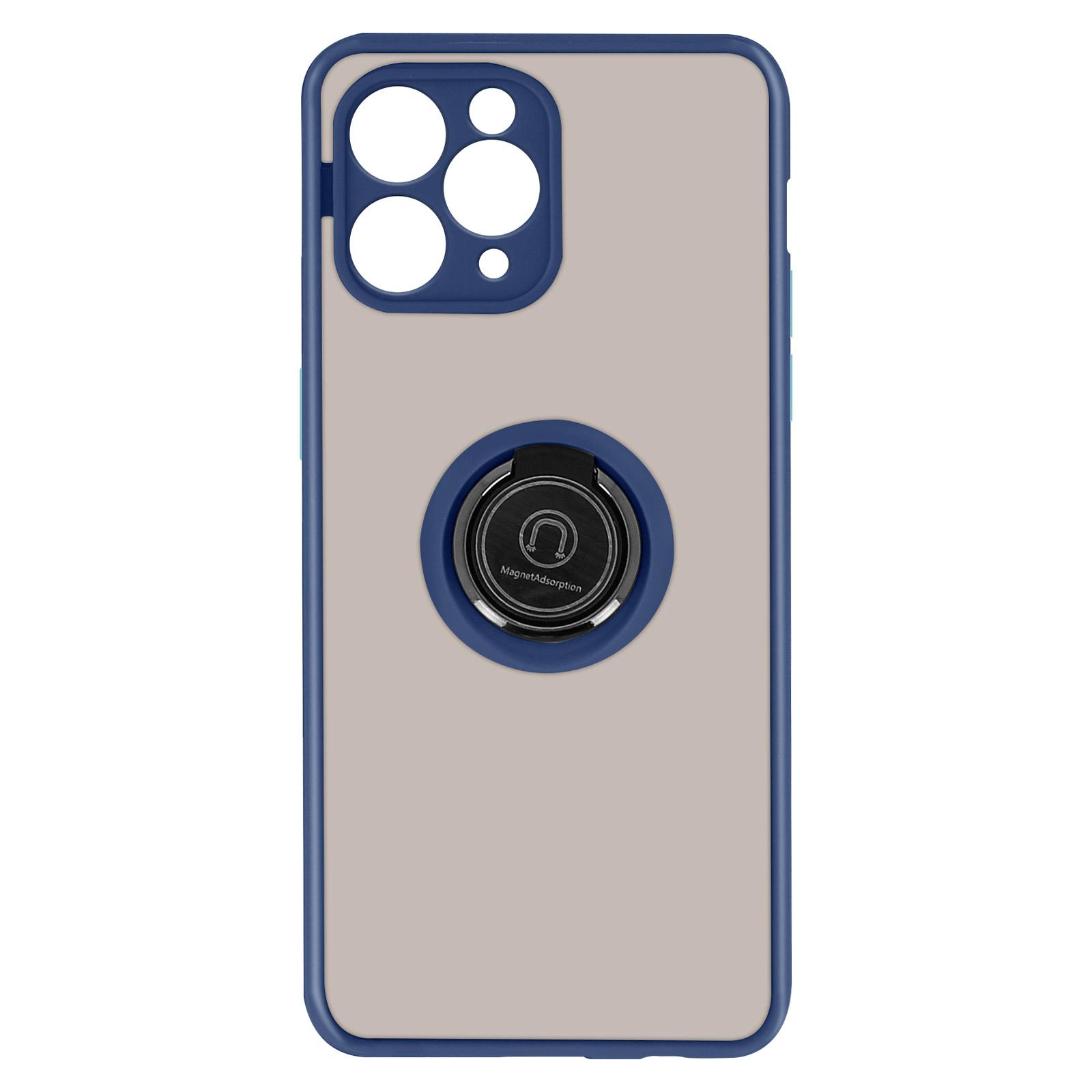 Coque de téléphone avec cadre bleu et anneau. L'arrière est beige.