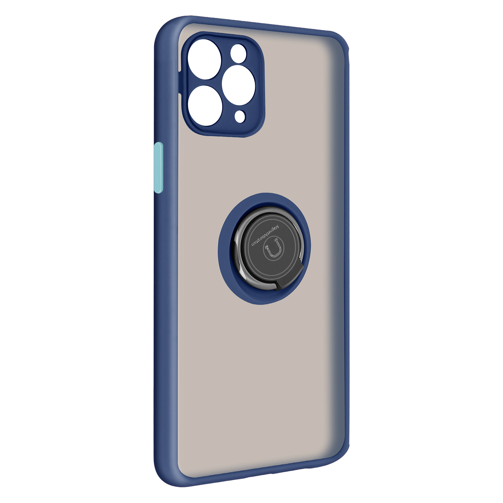 Un téléphone dans un étui bleu et gris avec un support de bague sur une surface blanche.