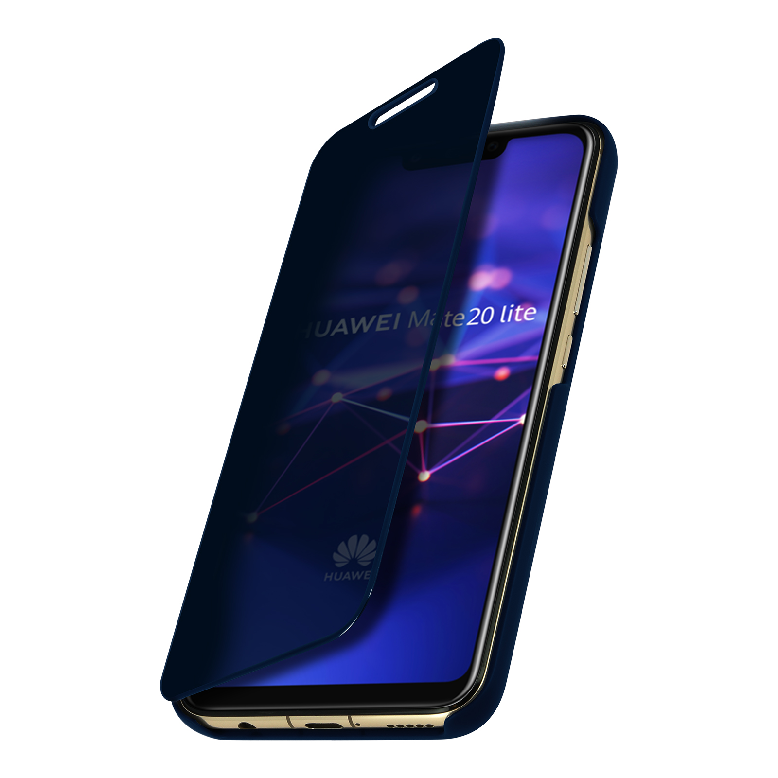 Custodia per telefono blu navy, la cover è aperta, mostrando lo schermo e il logo.