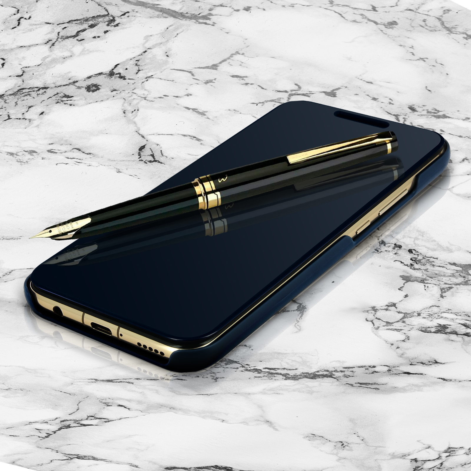 Telefono nero con penna su superficie di marmo. Il telefono ha uno schermo blu. Sfondo di marmo.