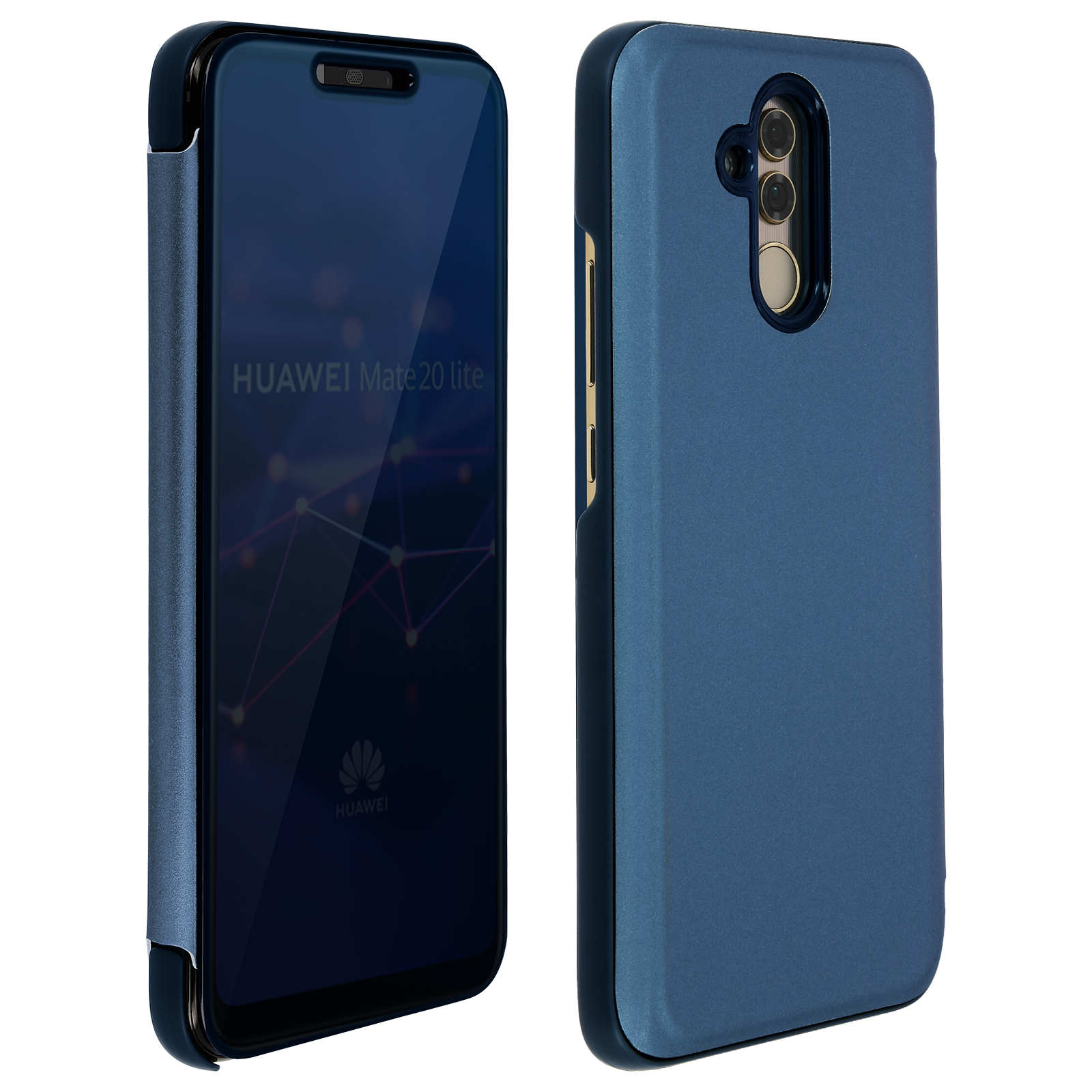 Custodia per telefono in due parti, esterno blu, schermo scuro che mostra il logo Huawei.