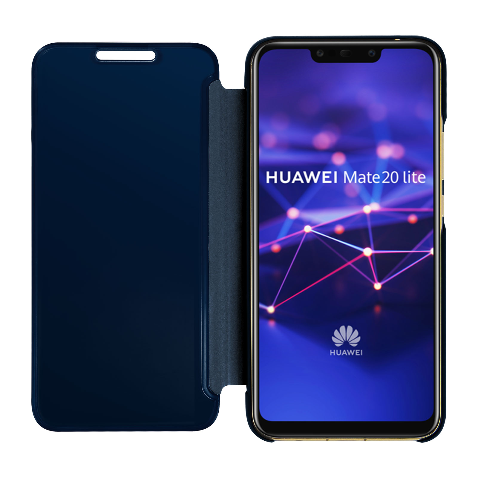 Custodia blu per telefono, aperta. Il telefono mostra una grafica colorata con 'HUAWEI Mate 20 lite'.