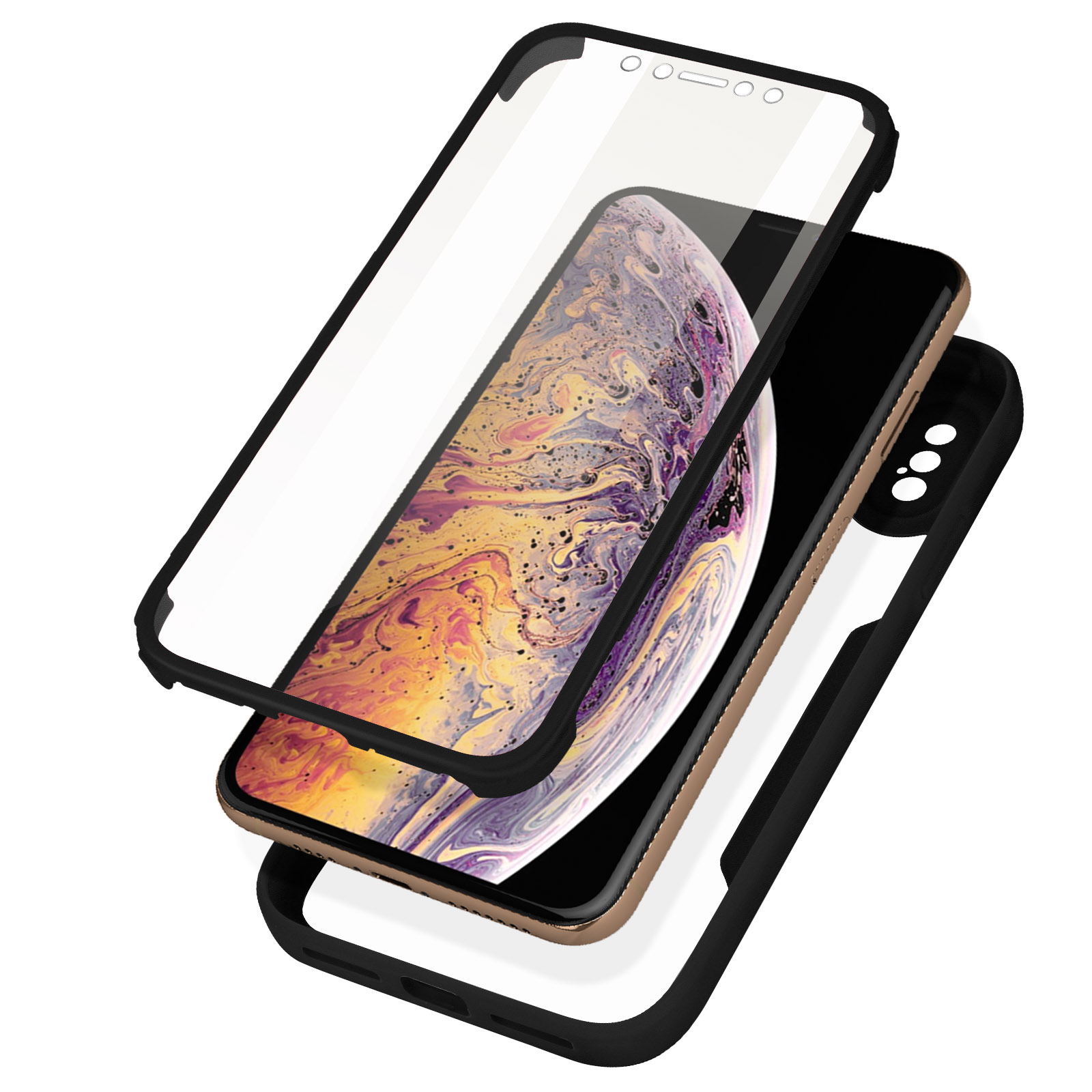 Telefono con protezione schermo e cornice. Il telefono è all'interno della custodia. Sfondo bianco.