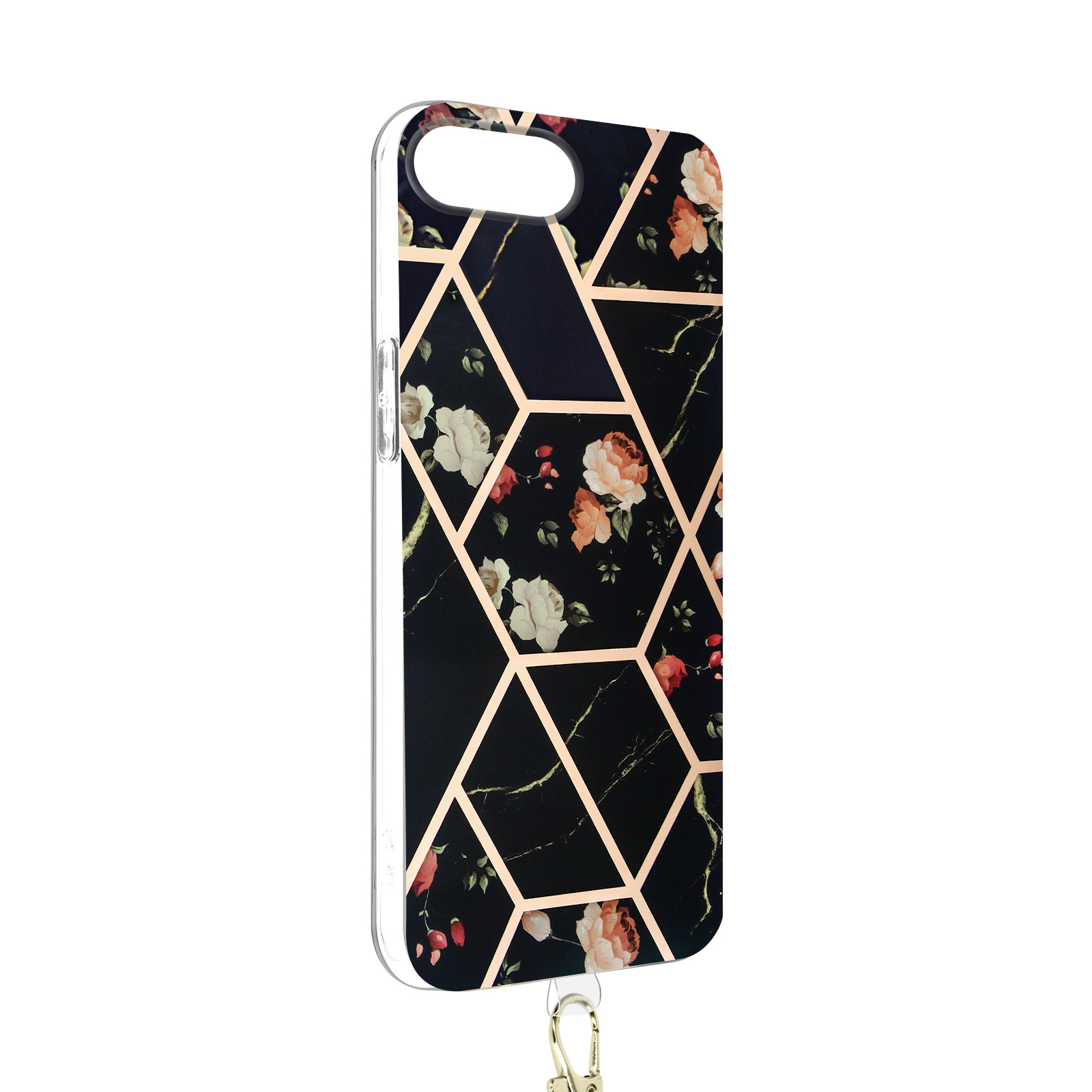 Custodia per telefono con motivo floreale nero. Bordi color oro e un ciondolo oro.