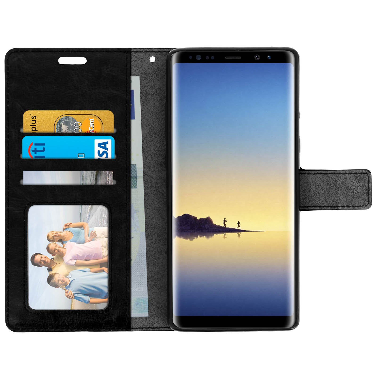 Custodia nera aperta con un telefono dentro. Ci sono carte e denaro nella custodia.