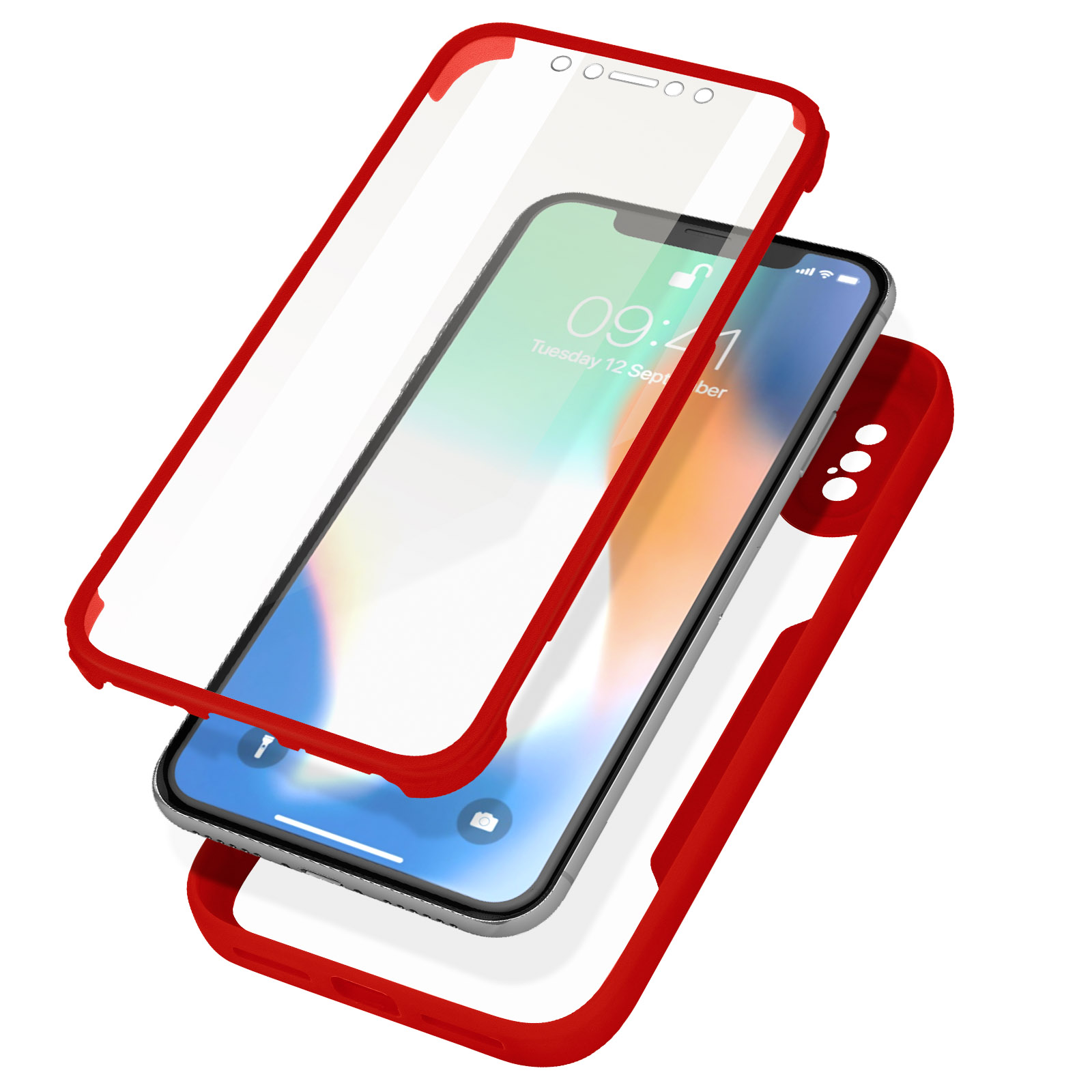 Telefoon met rood frame en schermbeschermer. De telefoon toont de tijd.