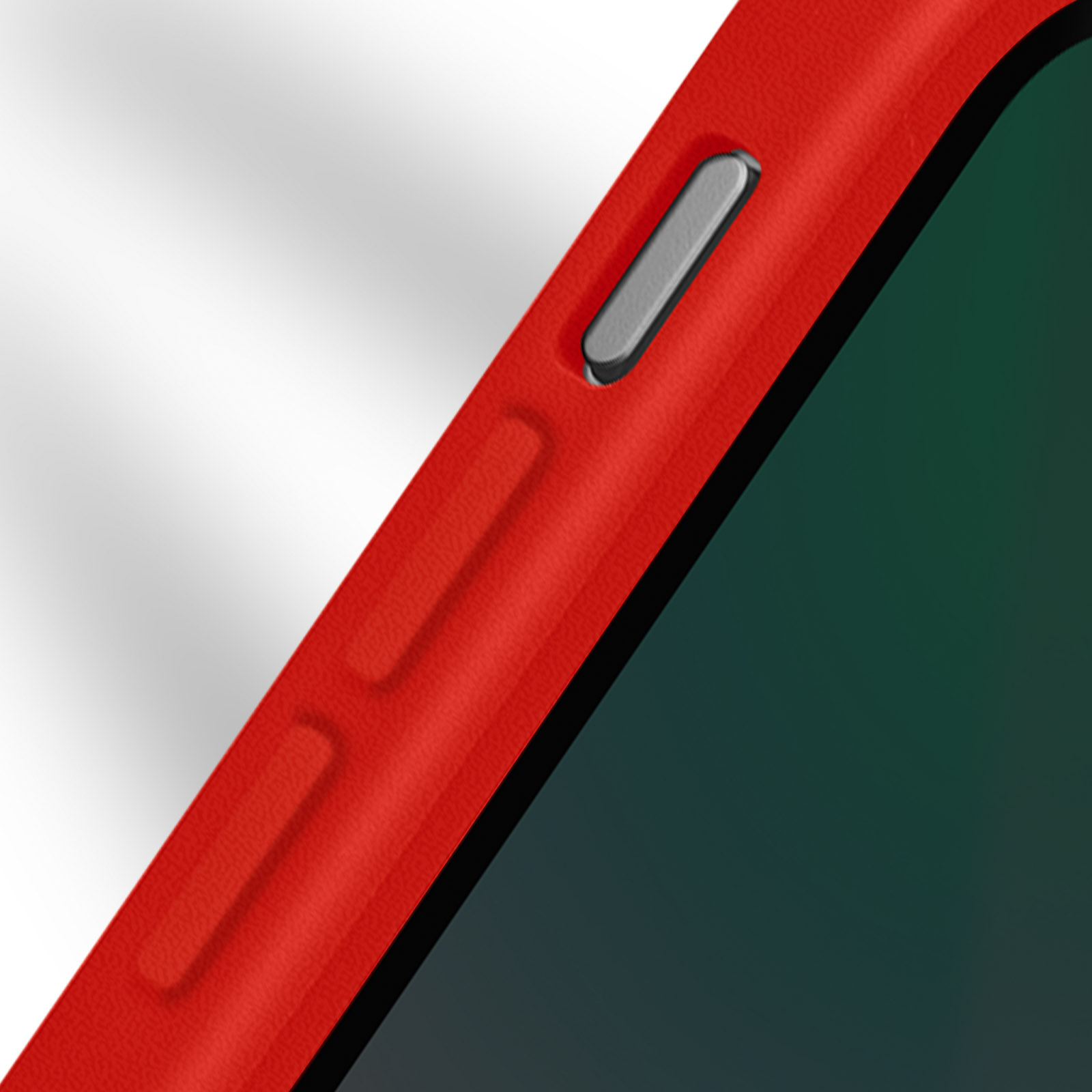 Close-up van de zijkant van een rode telefoonhoes. Toont knoppen. De achtergrond is wit.