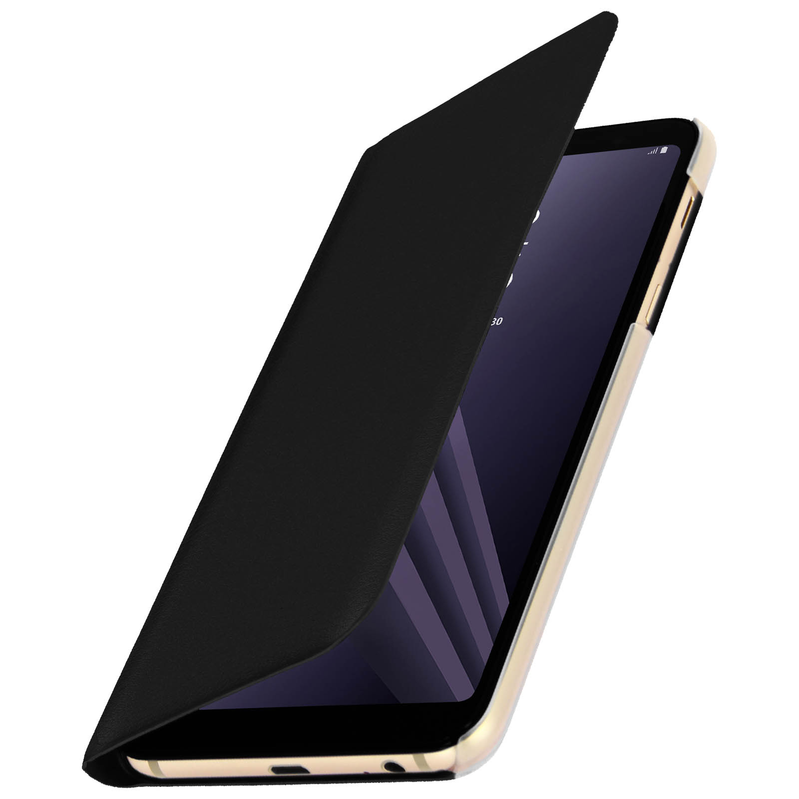 Una custodia nera per telefono si apre, rivelando un telefono con cornice dorata. Lo schermo è visibile.