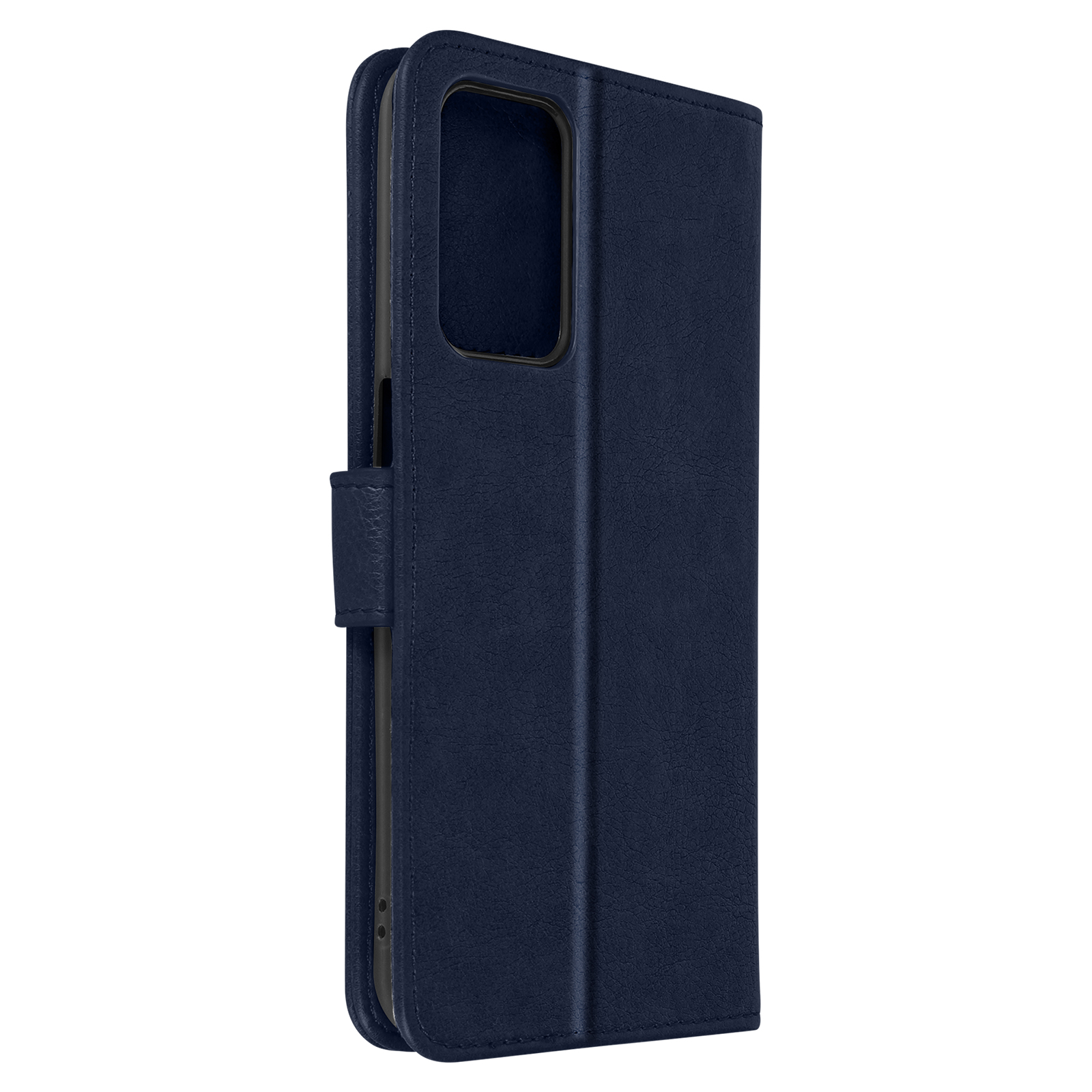 Coque de téléphone bleu marine, ouverte. Téléphone noir à l'intérieur. Matière bleue simili cuir. Fond blanc.
