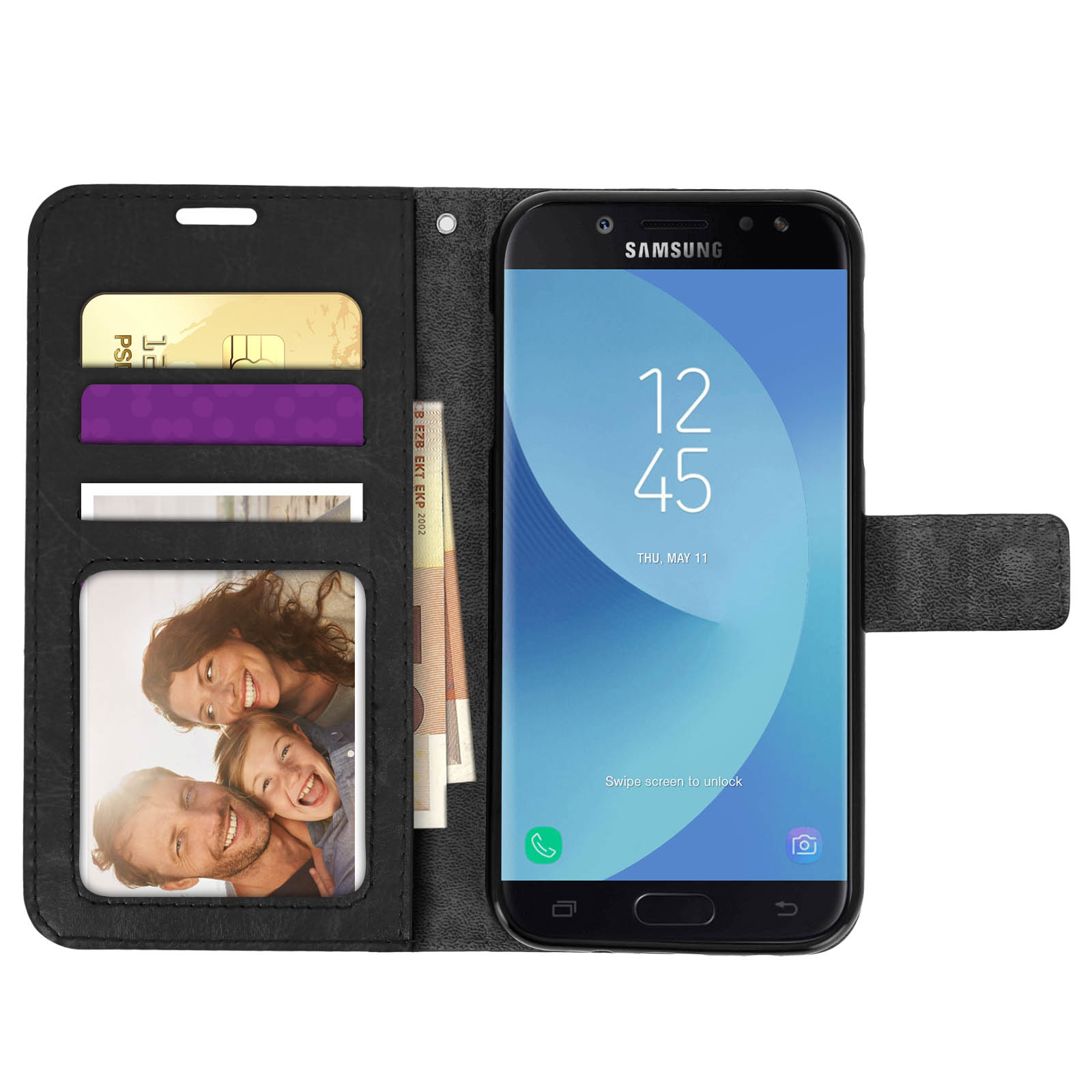 Custodia per telefono nera aperta, che mostra un telefono con foto di famiglia, carte e contanti.