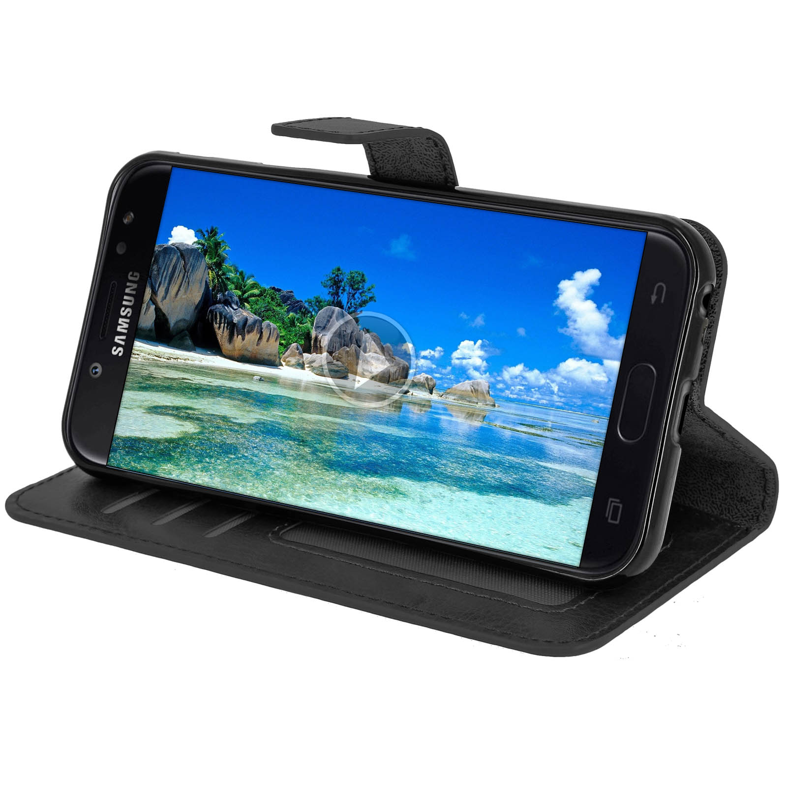 Telefono in una custodia nera con una scena di spiaggia sullo schermo. La custodia è aperta.