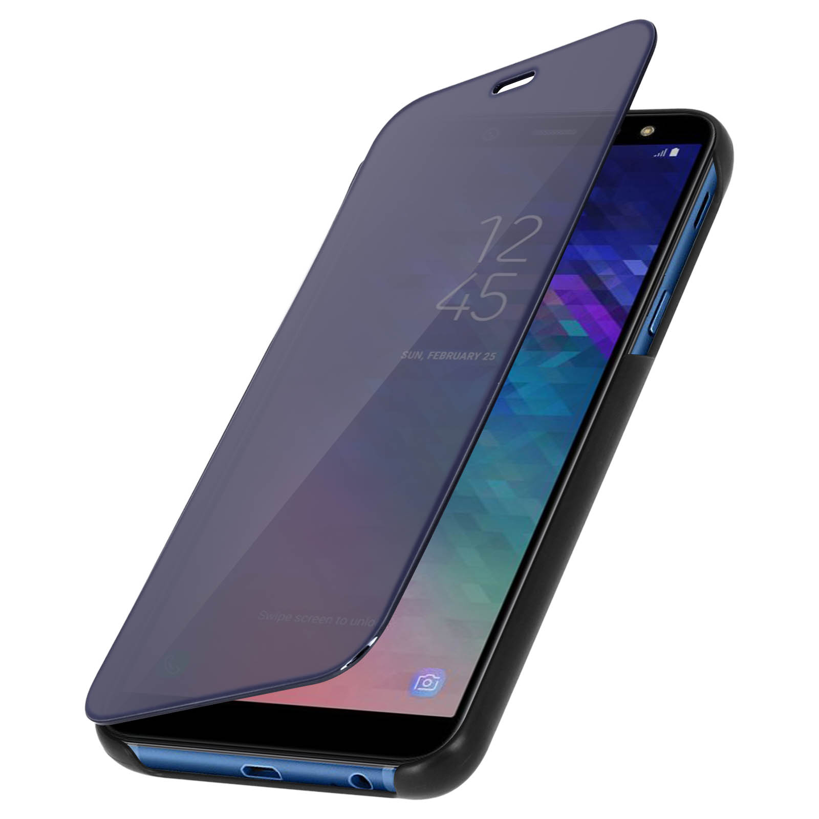 Un telefono in una custodia blu scuro con una copertura parzialmente aperta. Lo schermo mostra informazioni.